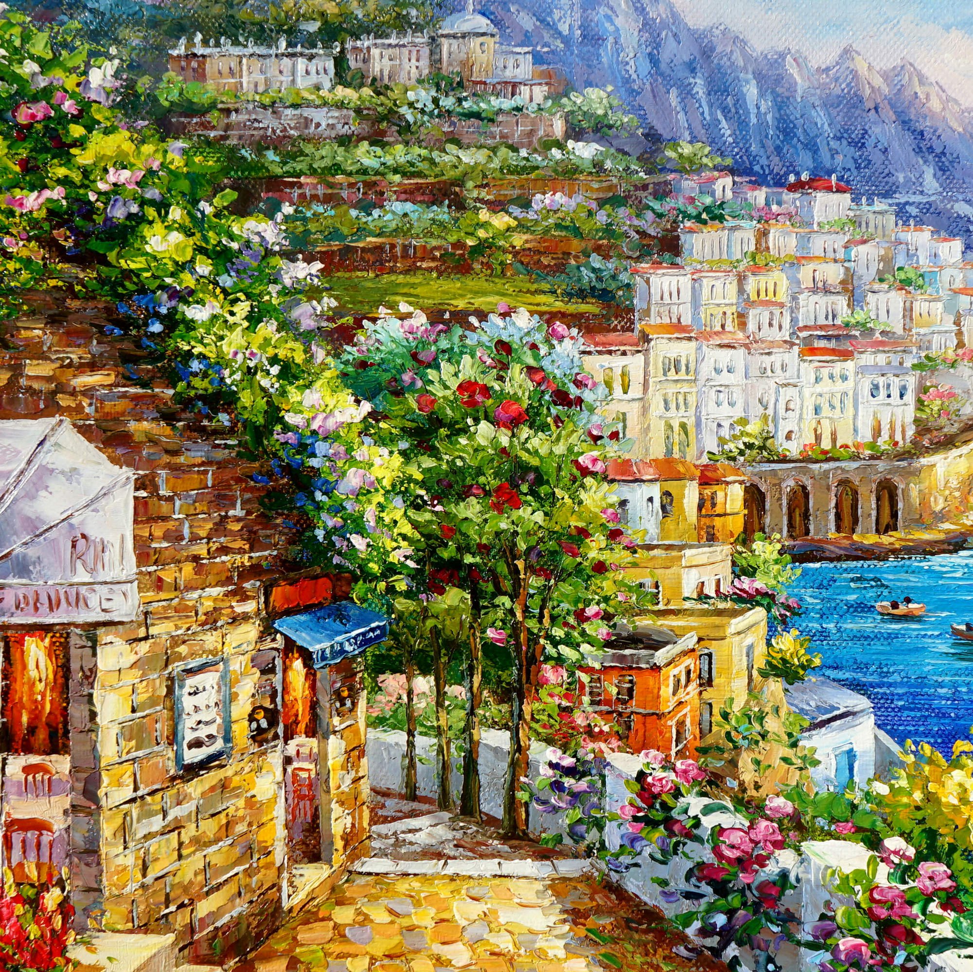 Village balnéaire de la côte amalfitaine peint à la main 60x90cm