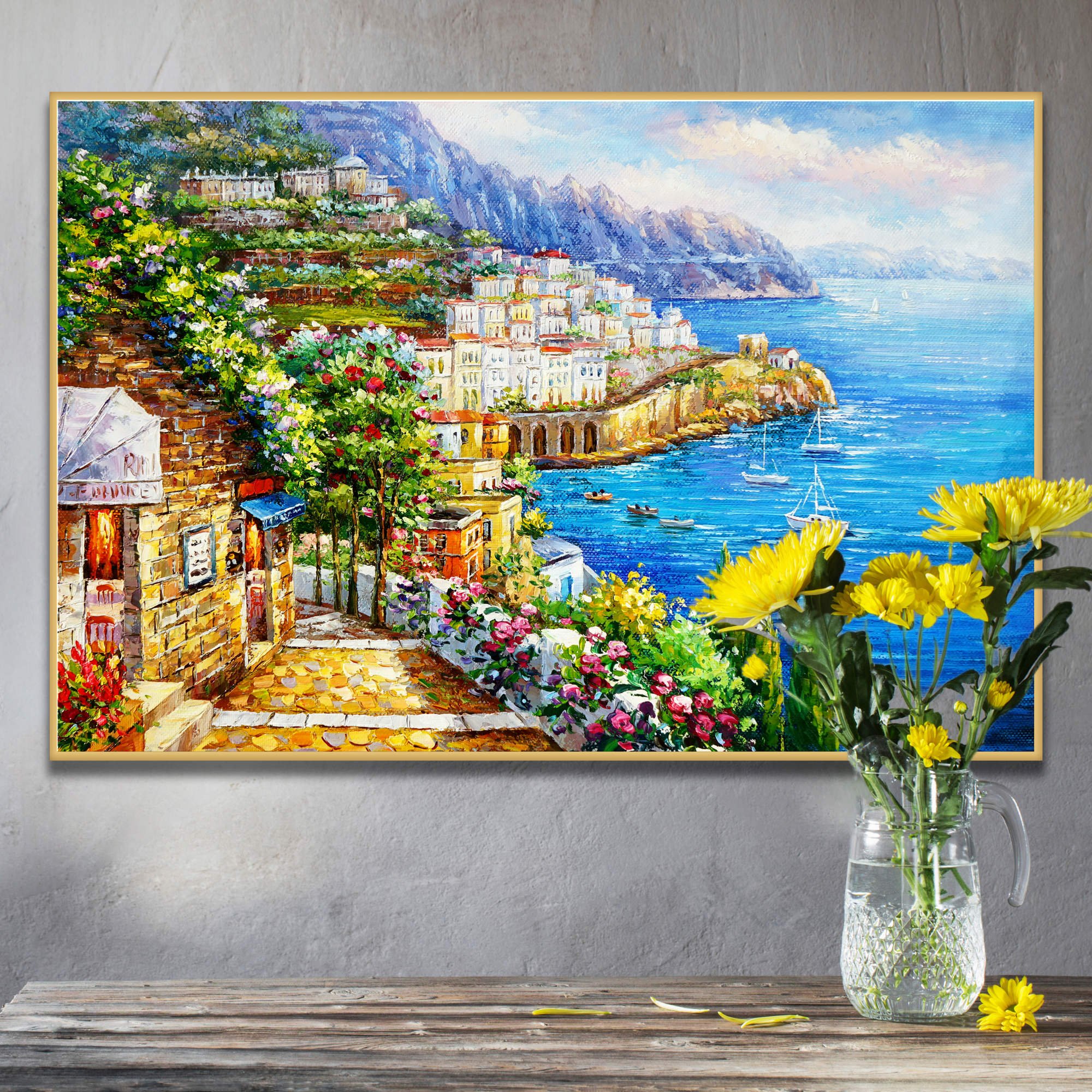 Village balnéaire de la côte amalfitaine peint à la main 60x90cm