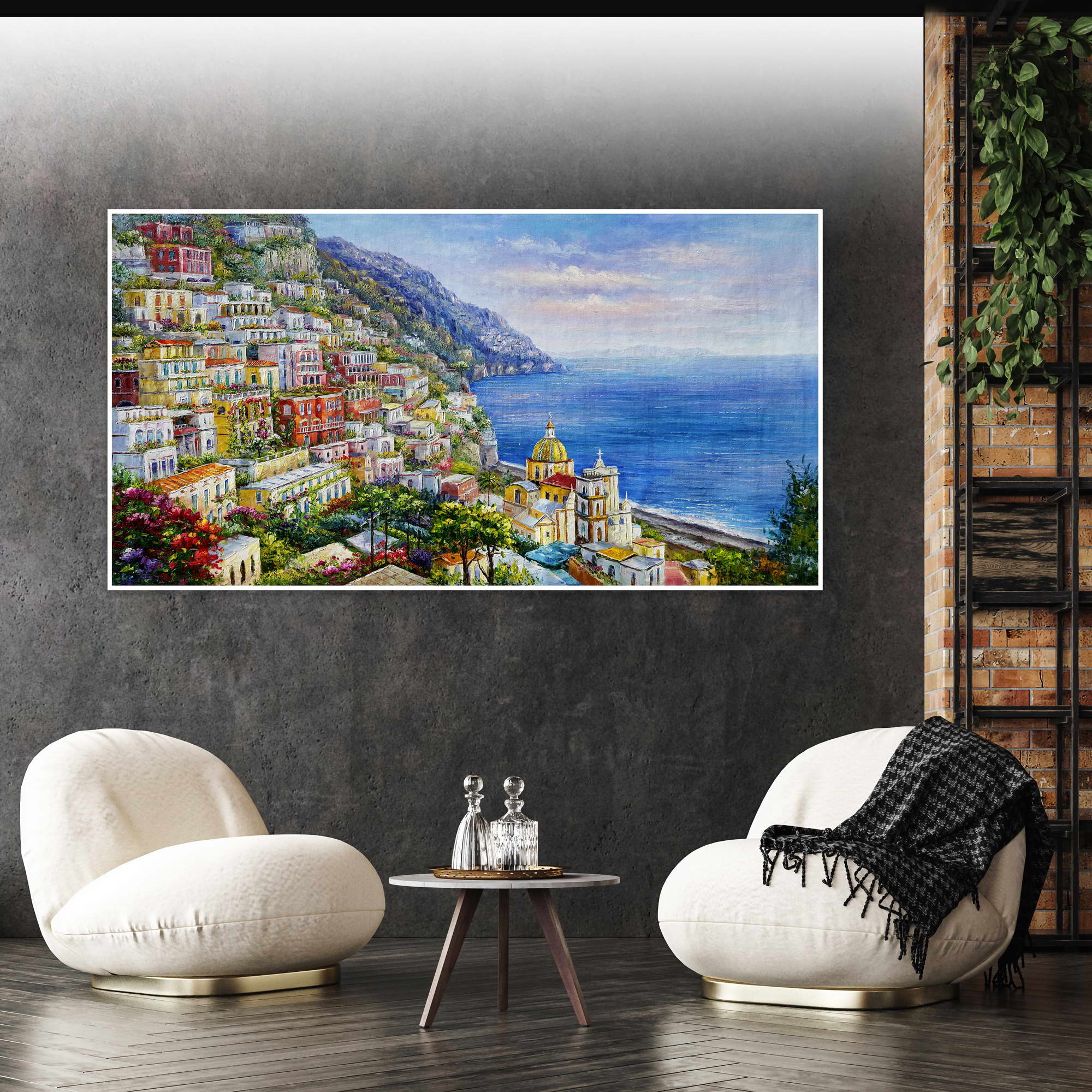 Côte amalfitaine Positano peinte à la main 75x150cm