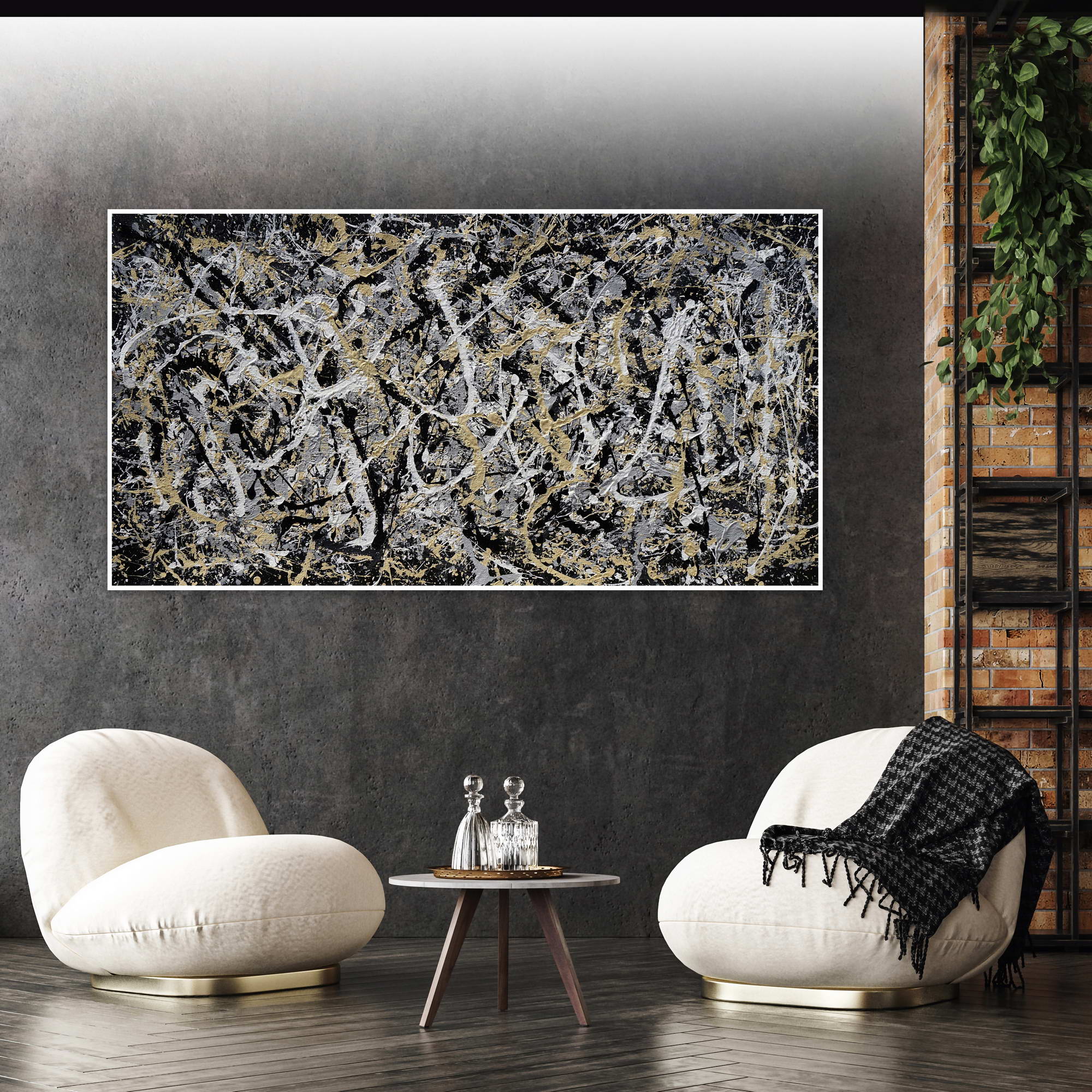 Dynamisme abstrait style Pollock peint à la main 75x150cm