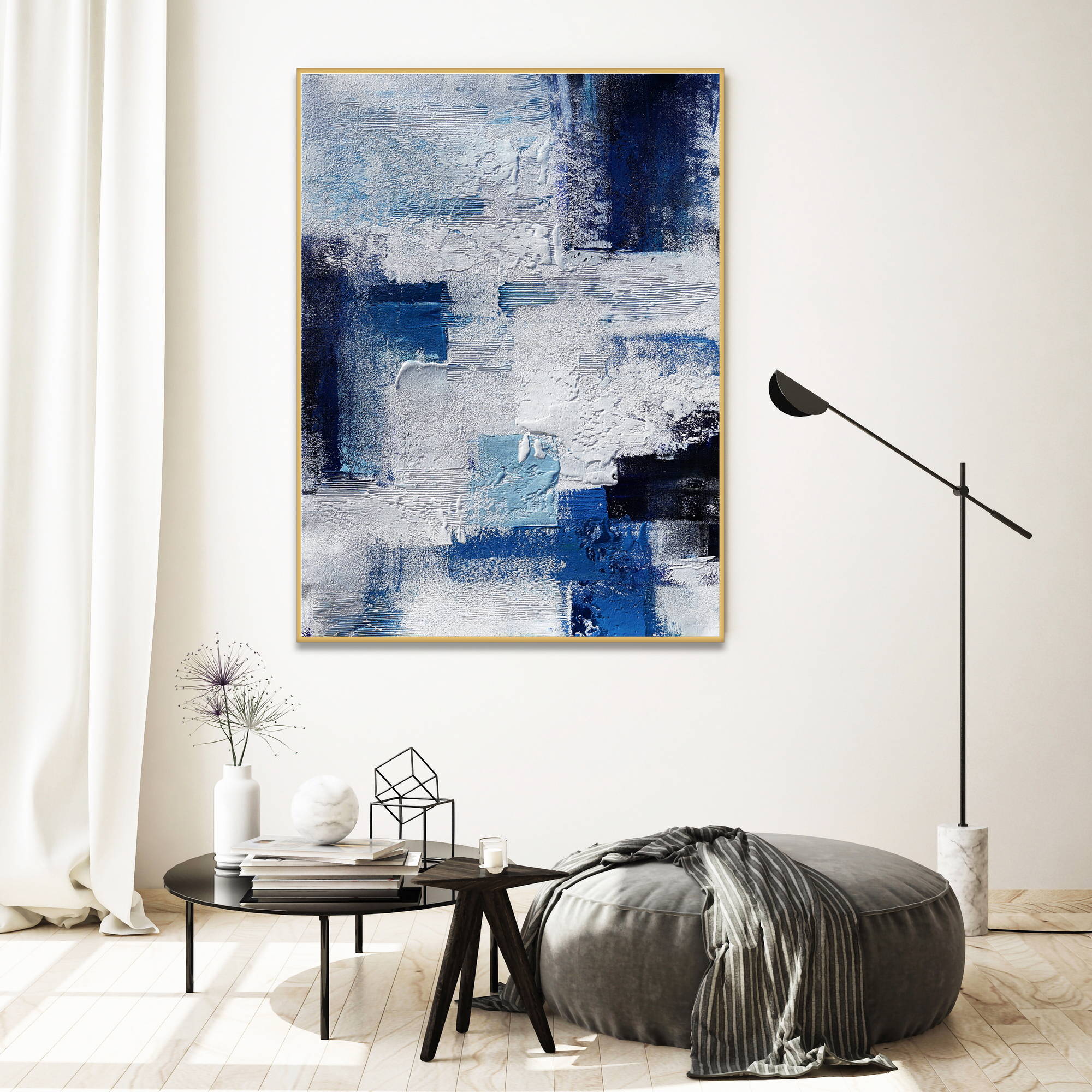 Hand painted Abstract geometries in blue and white 80x120cm