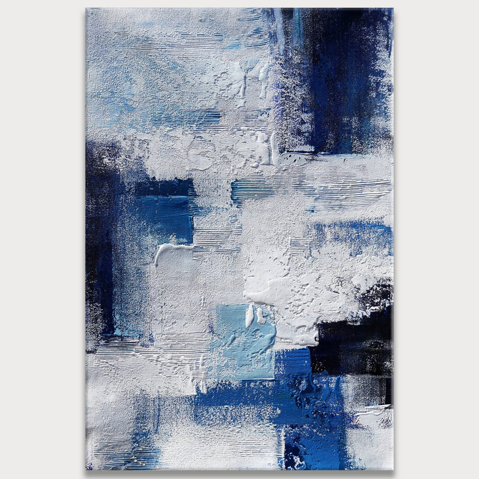 Hand painted Abstract geometries in blue and white 80x120cm
