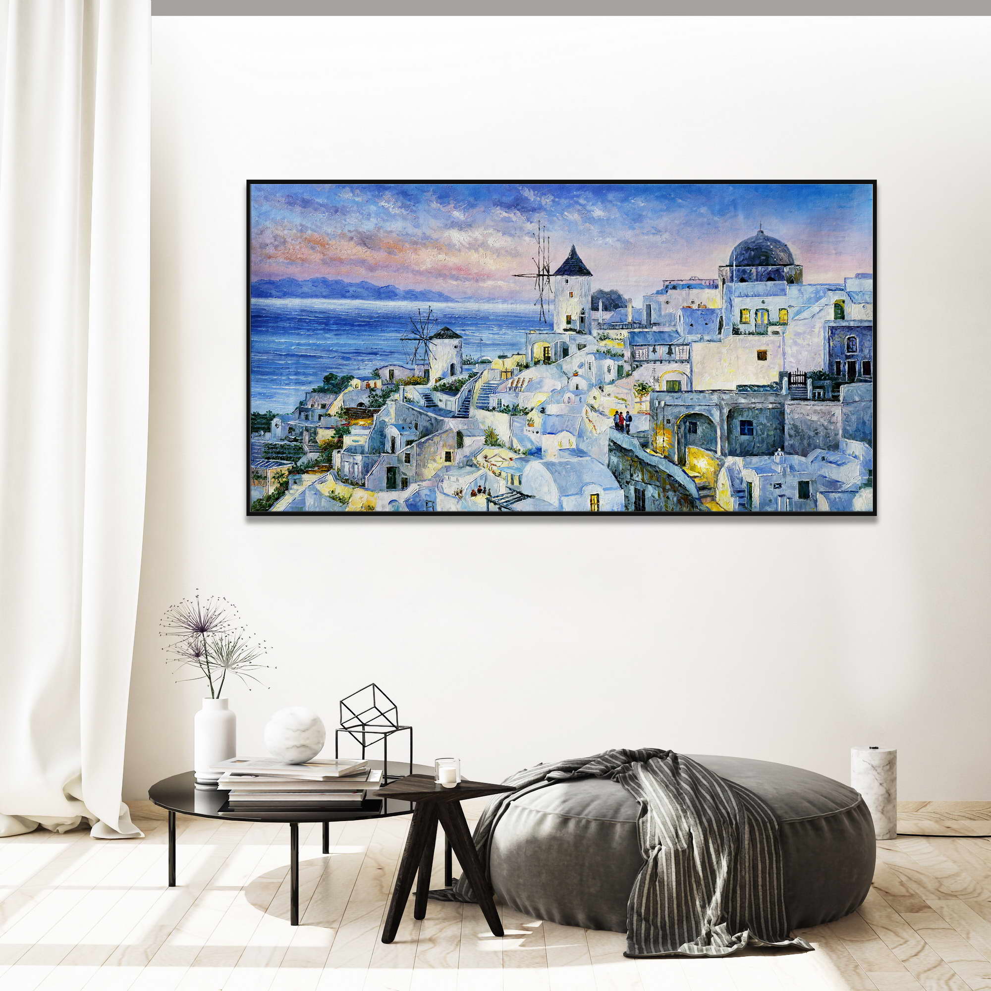 Coucher de soleil de Santorin en Grèce peint à la main 75x150cm