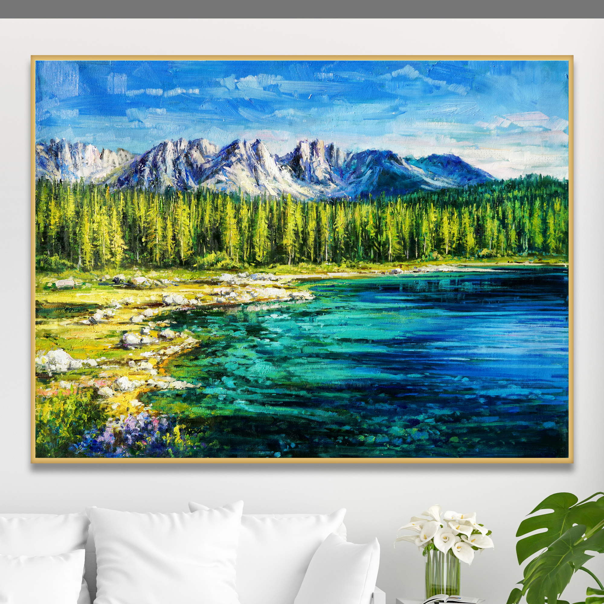 Hand painted Carezza Lake Dolomites 75x100cm