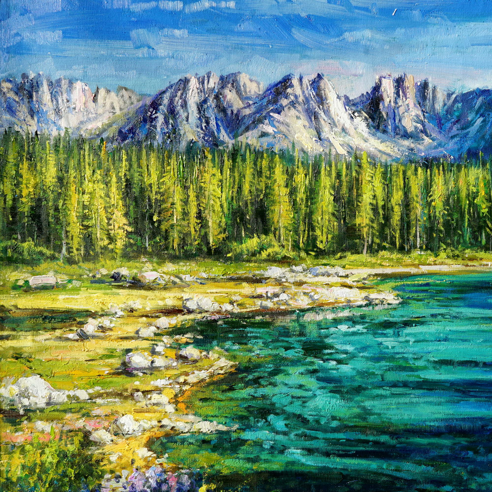 Hand painted Carezza Lake Dolomites 75x100cm