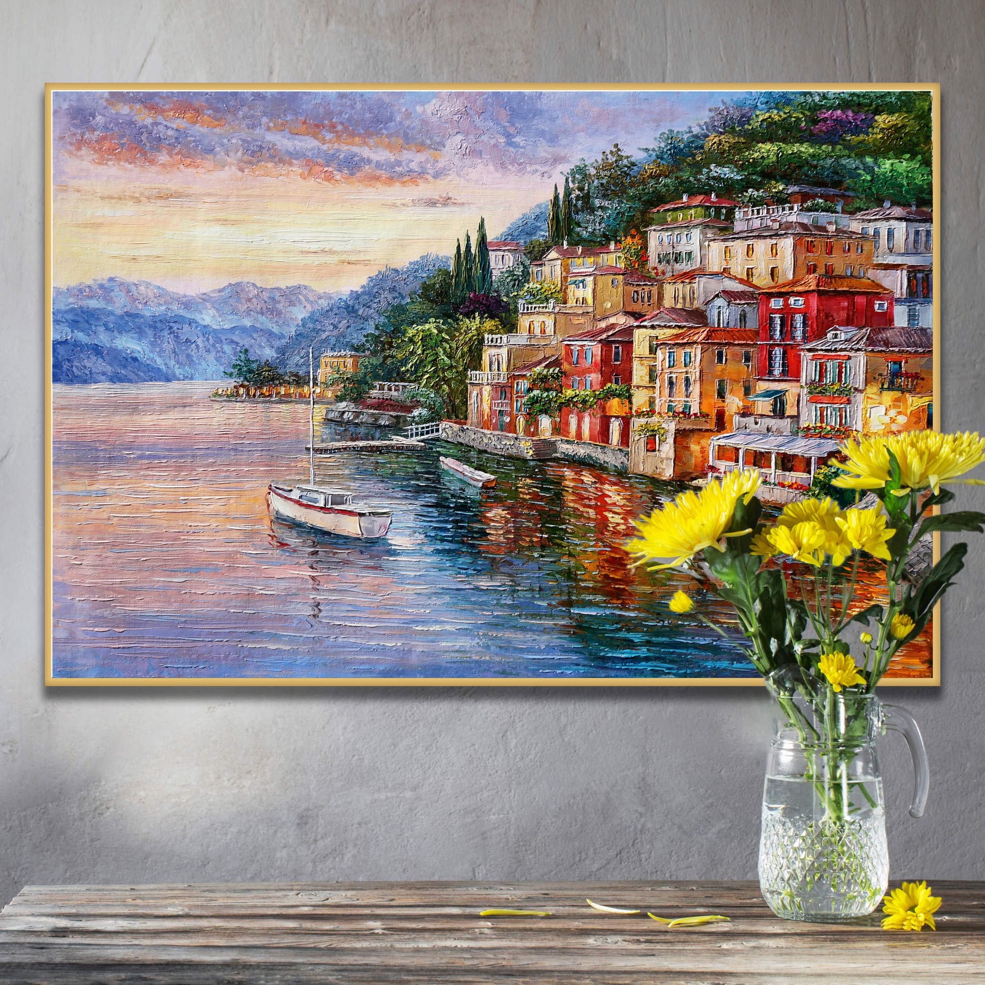 Dipinto a mano Lago di Como Varenna 60x90cm