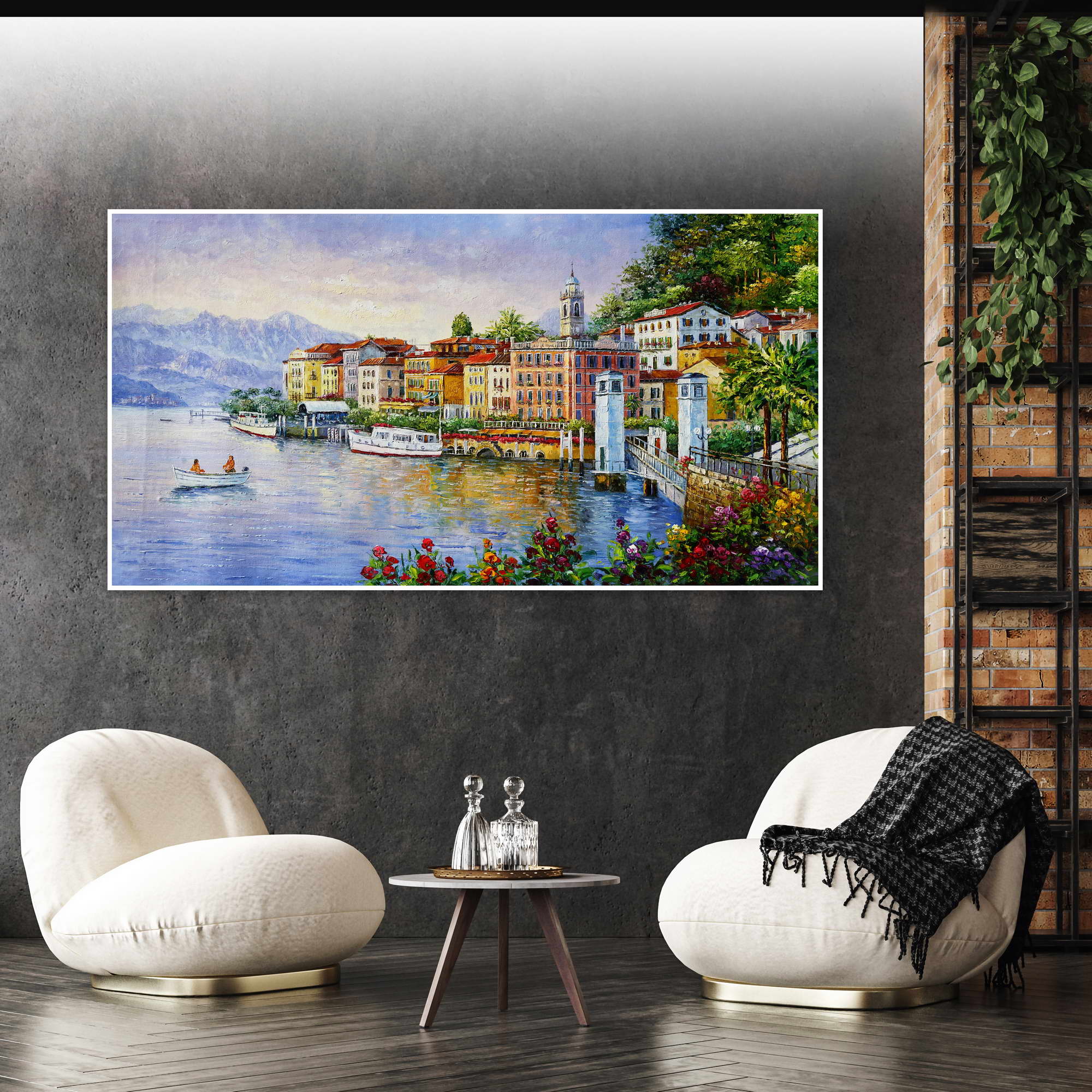 Dipinto a mano Lago di Como Varenna 75x150cm