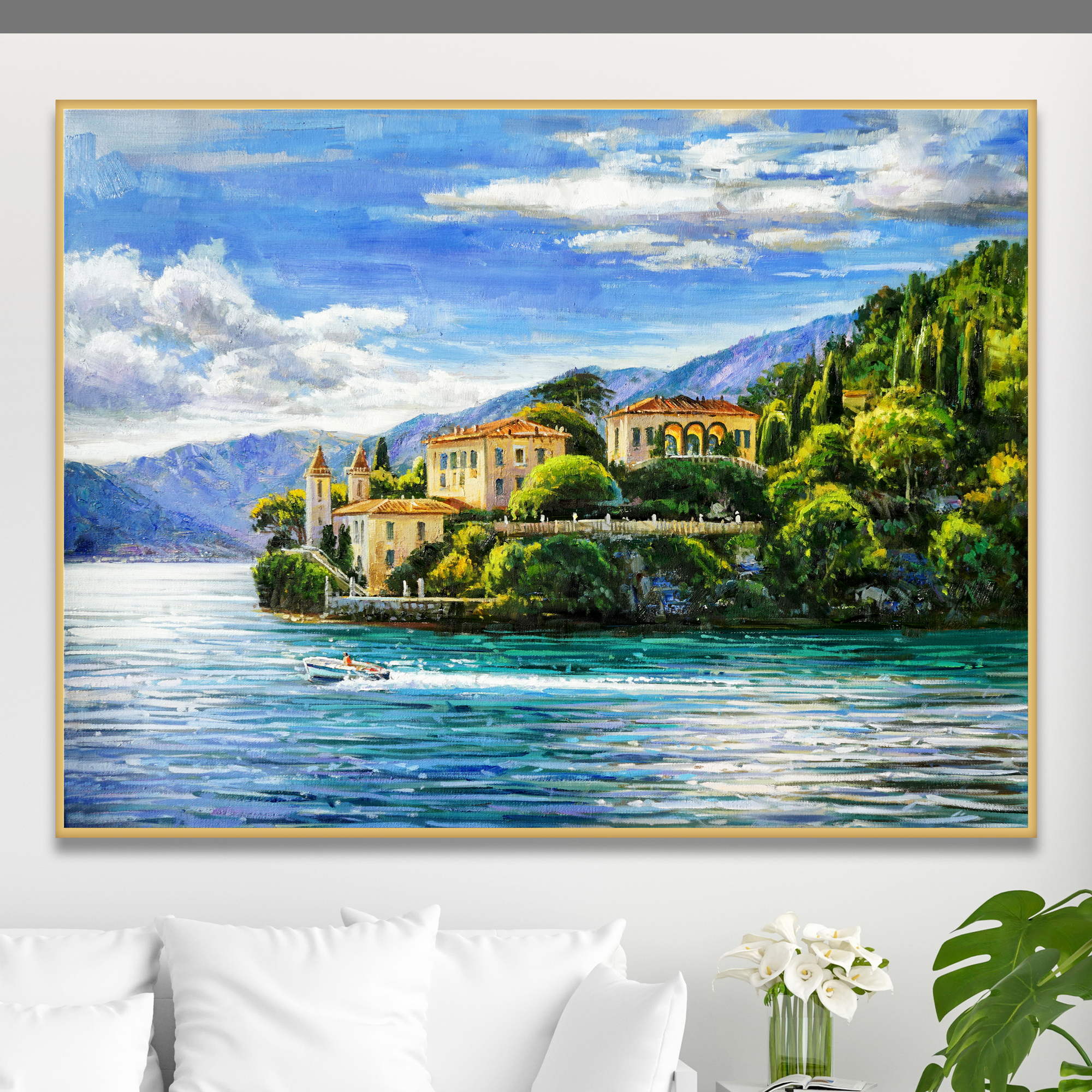 Villa Balbianello peinte à la main sur le lac de Côme 75x100cm