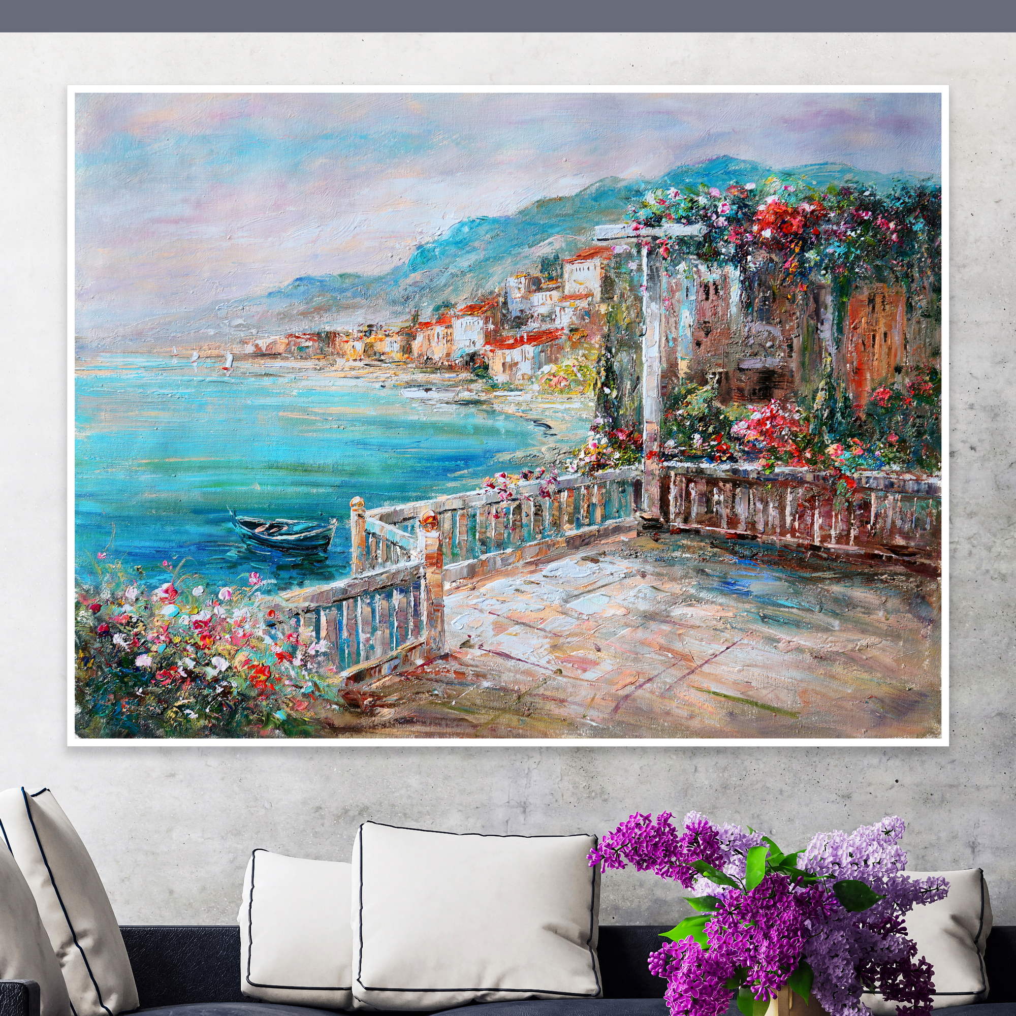 Dipinto di una terrazza fiorita con vista sulla costa del lago di Garda.