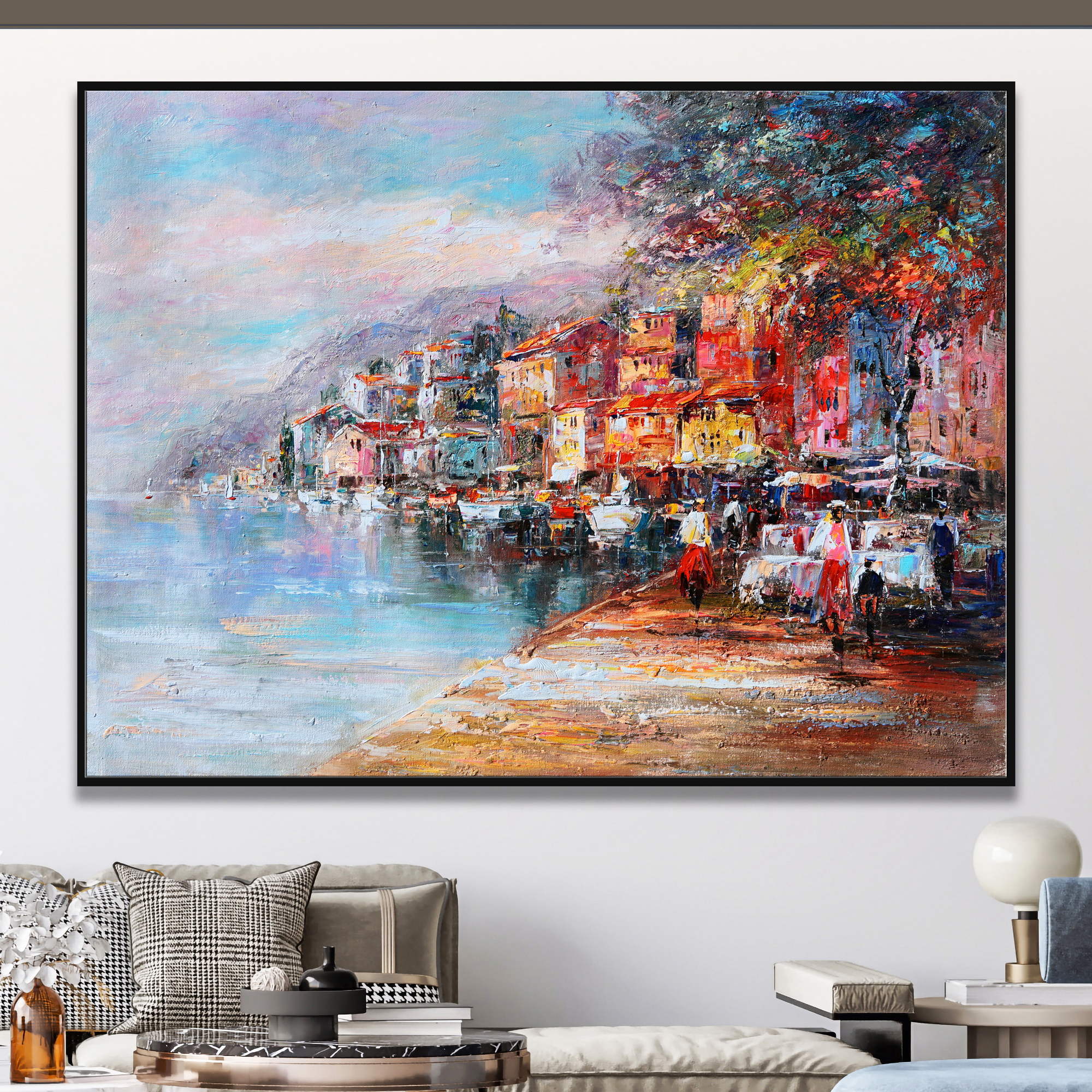 dipinto di un borgo pieno di colore sul lago di Garda