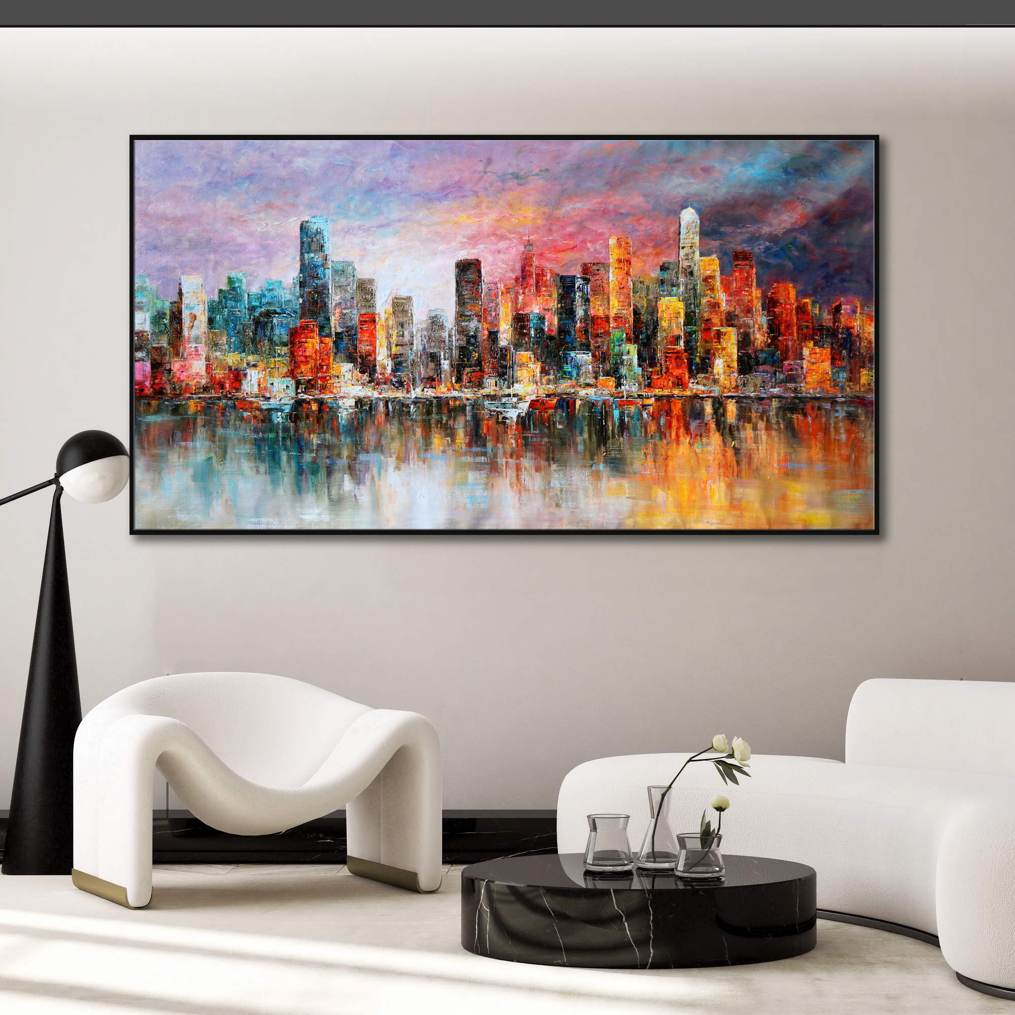 Dipinto impressionista di New York con i suoi grattacieli che si riflettono sull'acqua