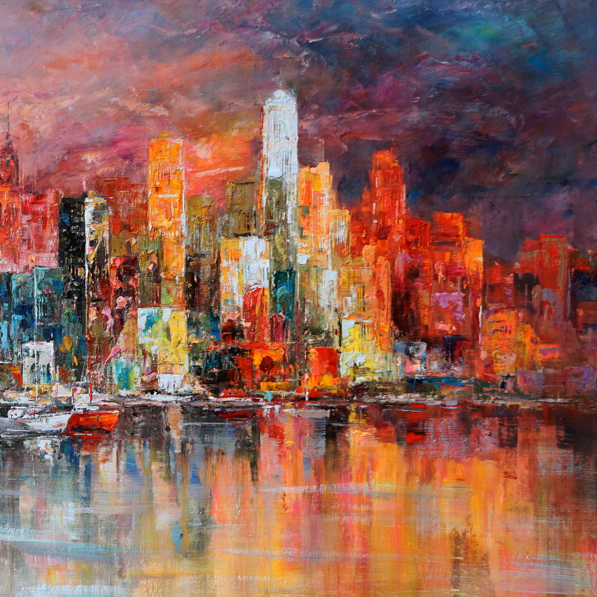 Coucher de soleil Metropolis New York peint à la main 90x180cm