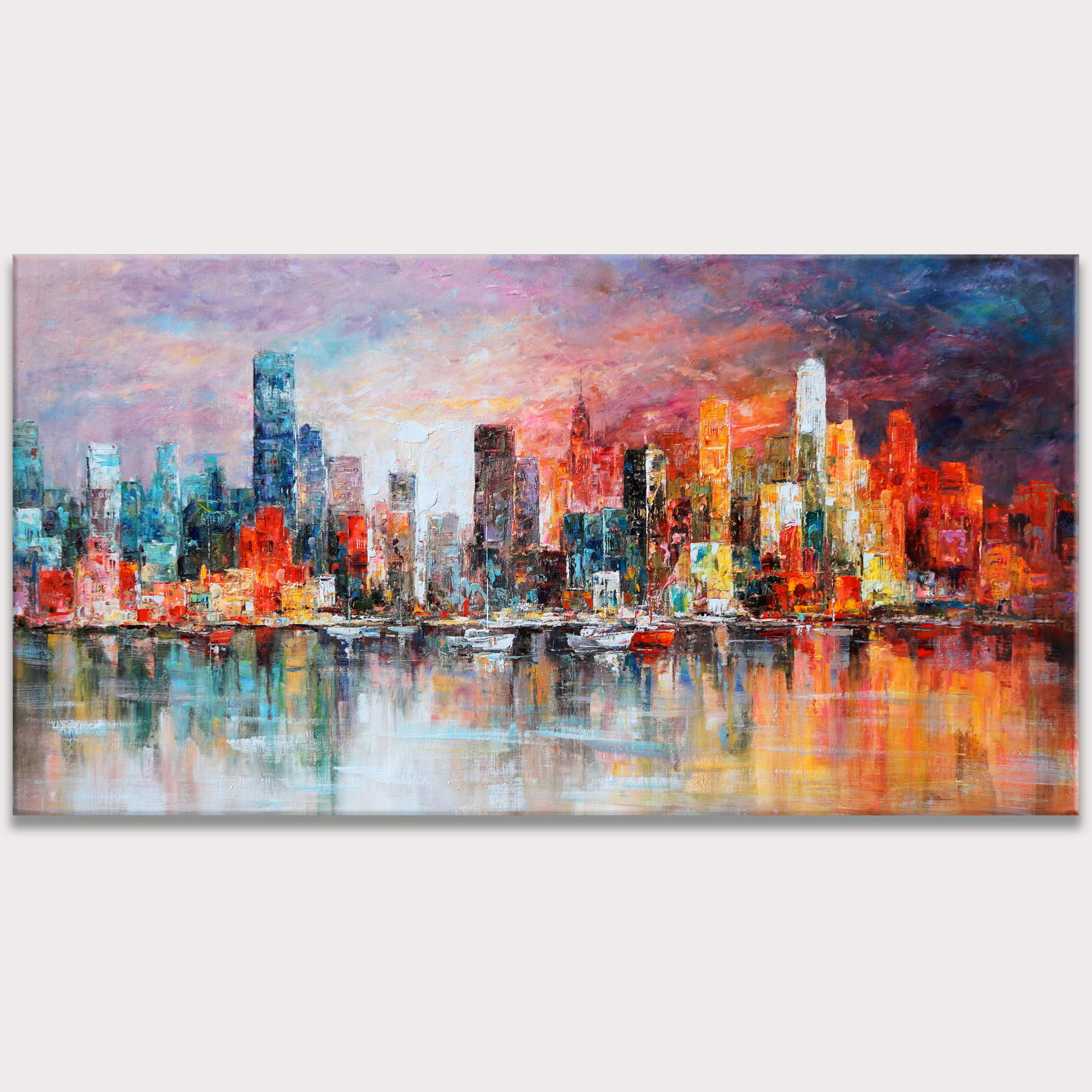 Coucher de soleil Metropolis New York peint à la main 90x180cm