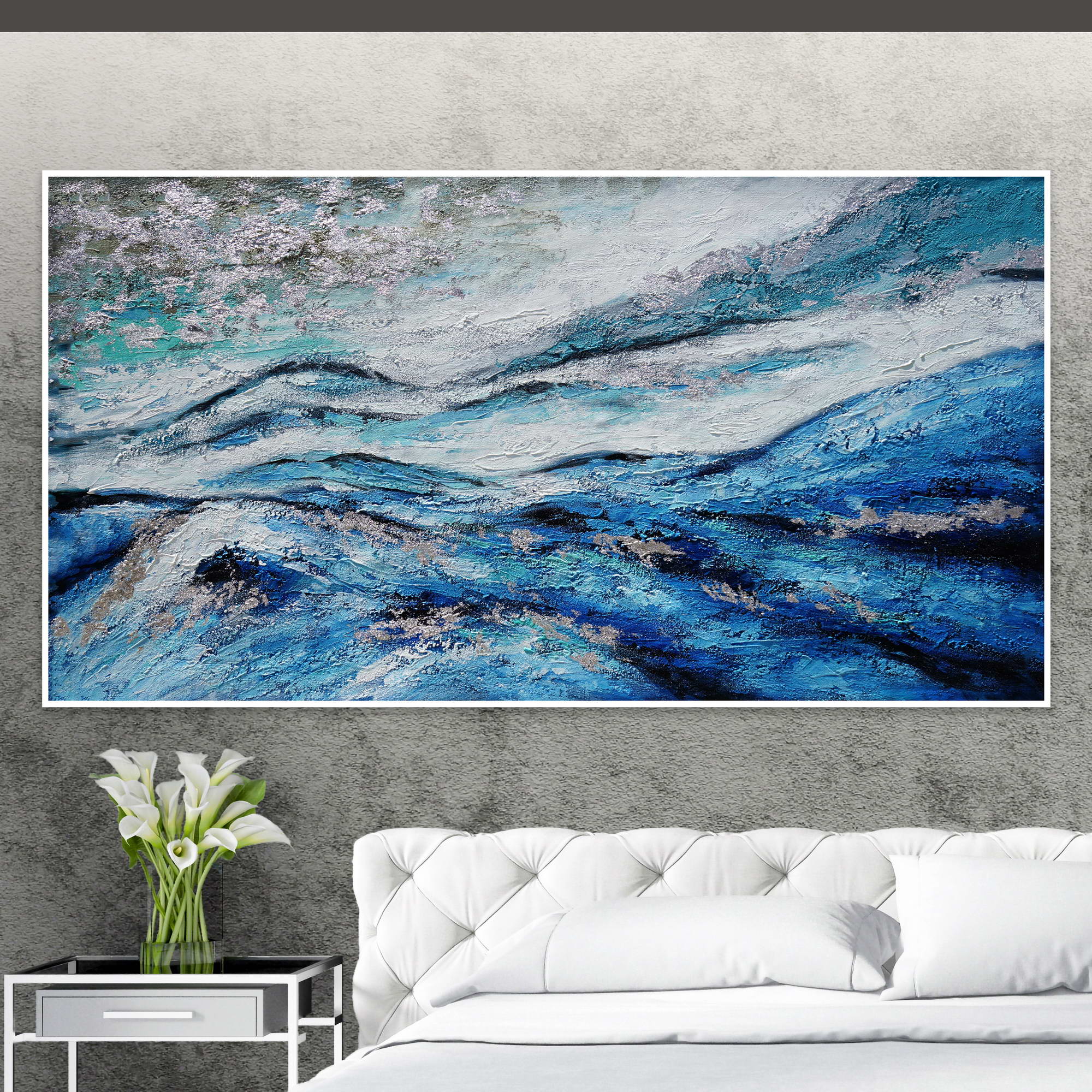 Dipinto astratto di mare con onde in blu e bianco