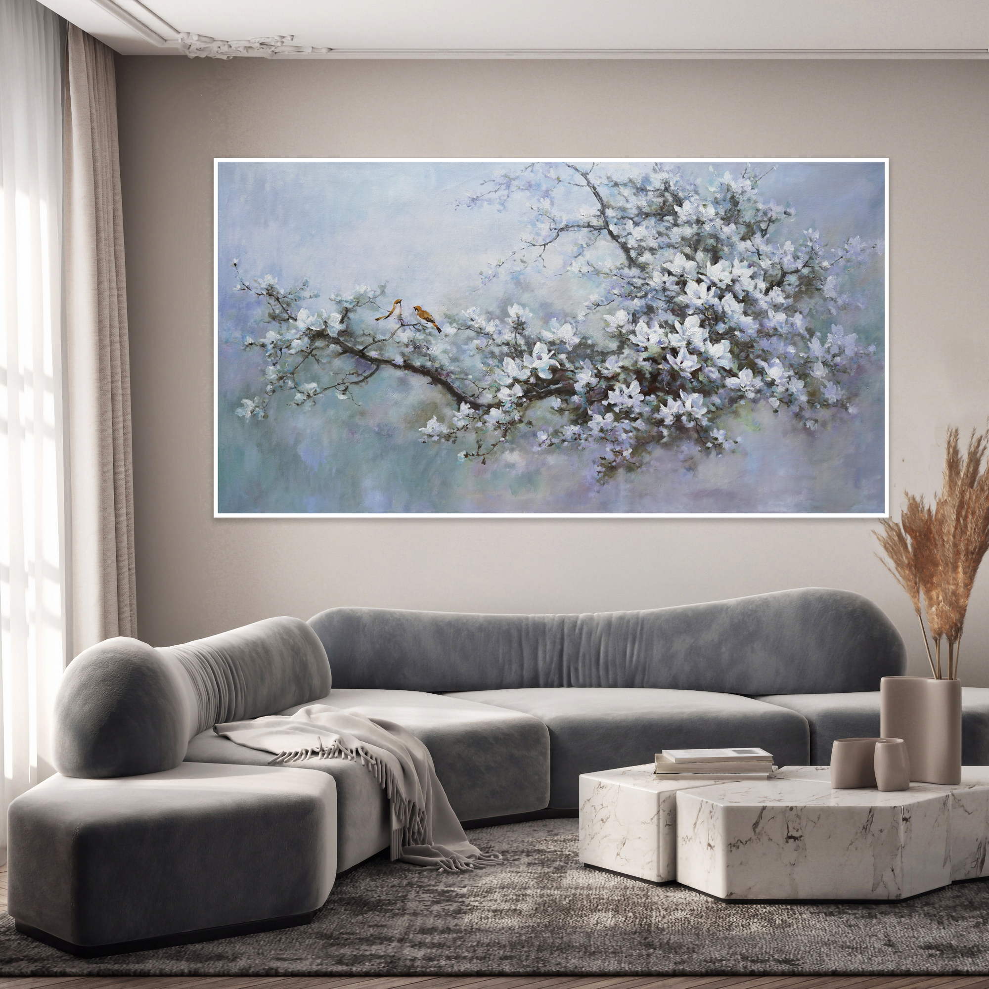 Moineaux en fleurs de cerisier nature peints à la main 90x180cm