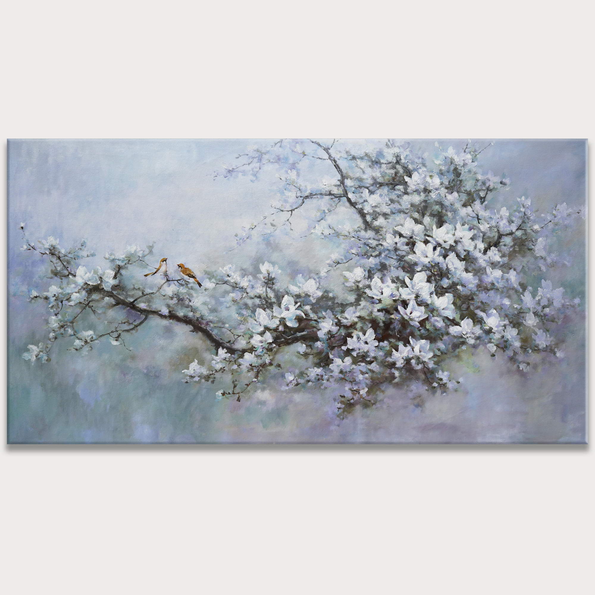 Moineaux en fleurs de cerisier nature peints à la main 90x180cm