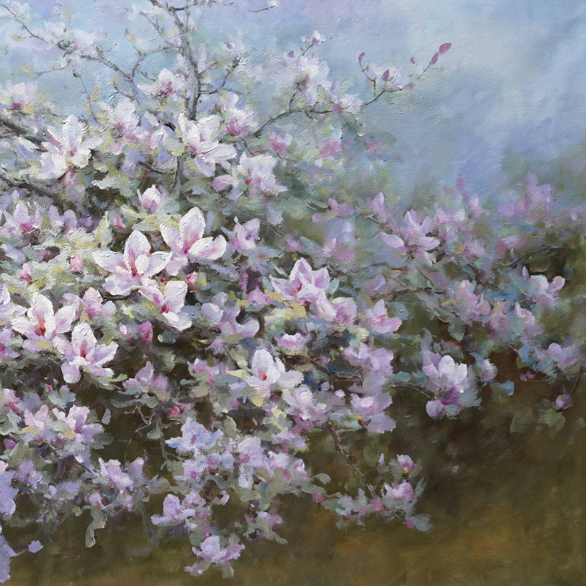 Magnolias naturels en fleurs peints à la main 90x180cm