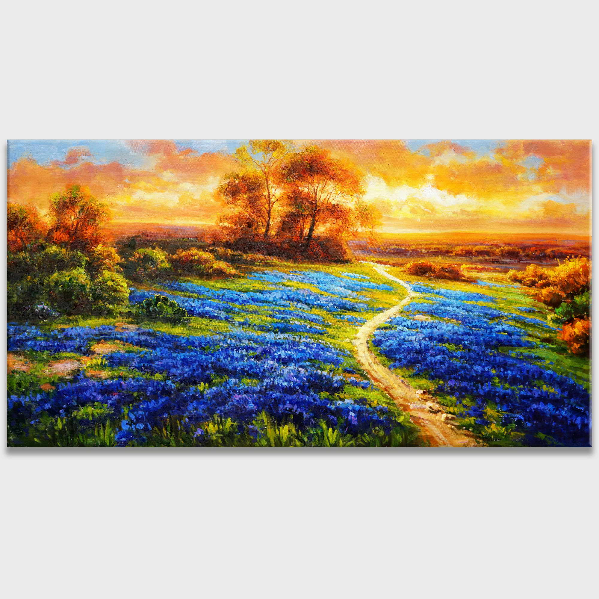 Paysage coucher de soleil peint à la main 75x150cm