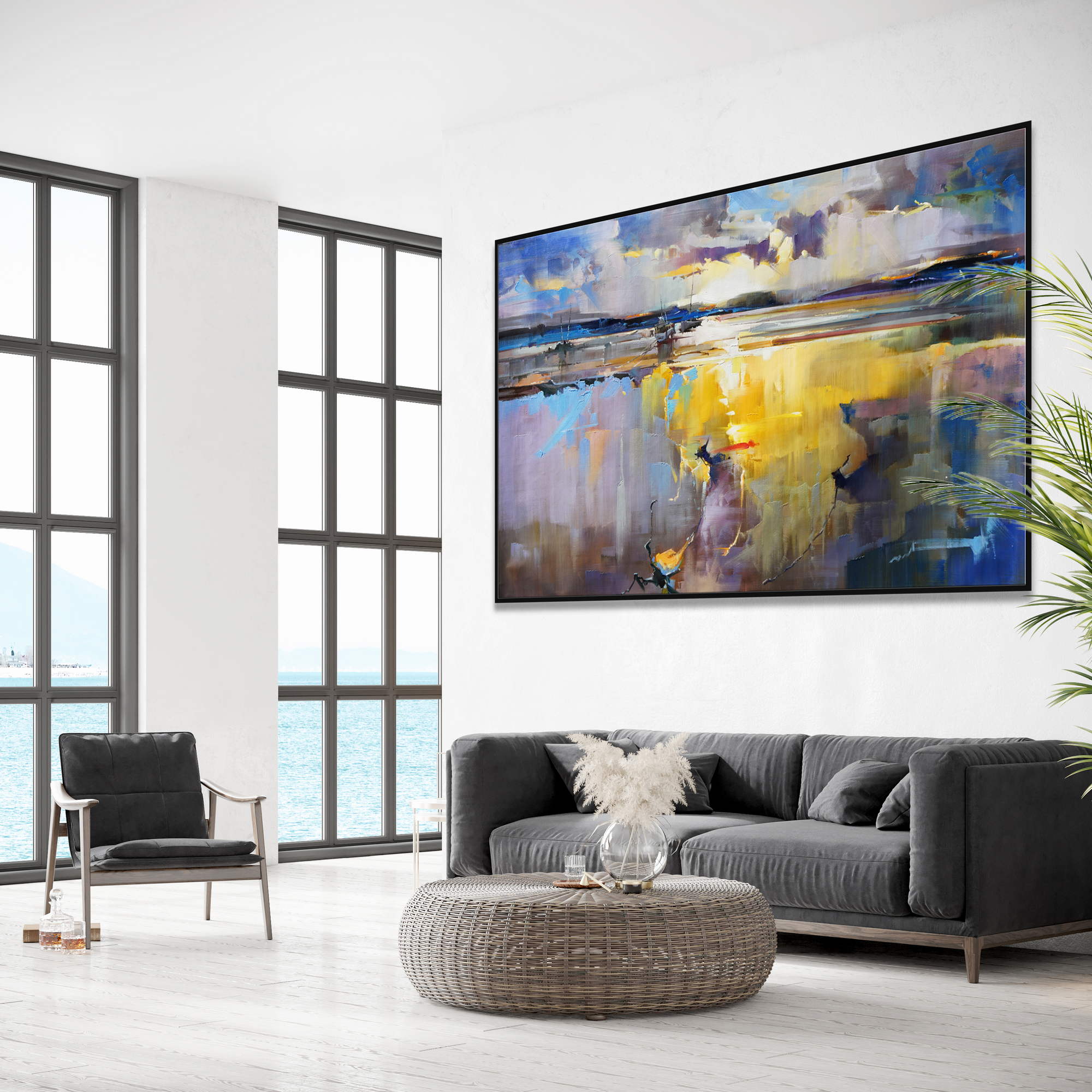 Paysage abstrait Marina au coucher du soleil peint à la main 120x180cm