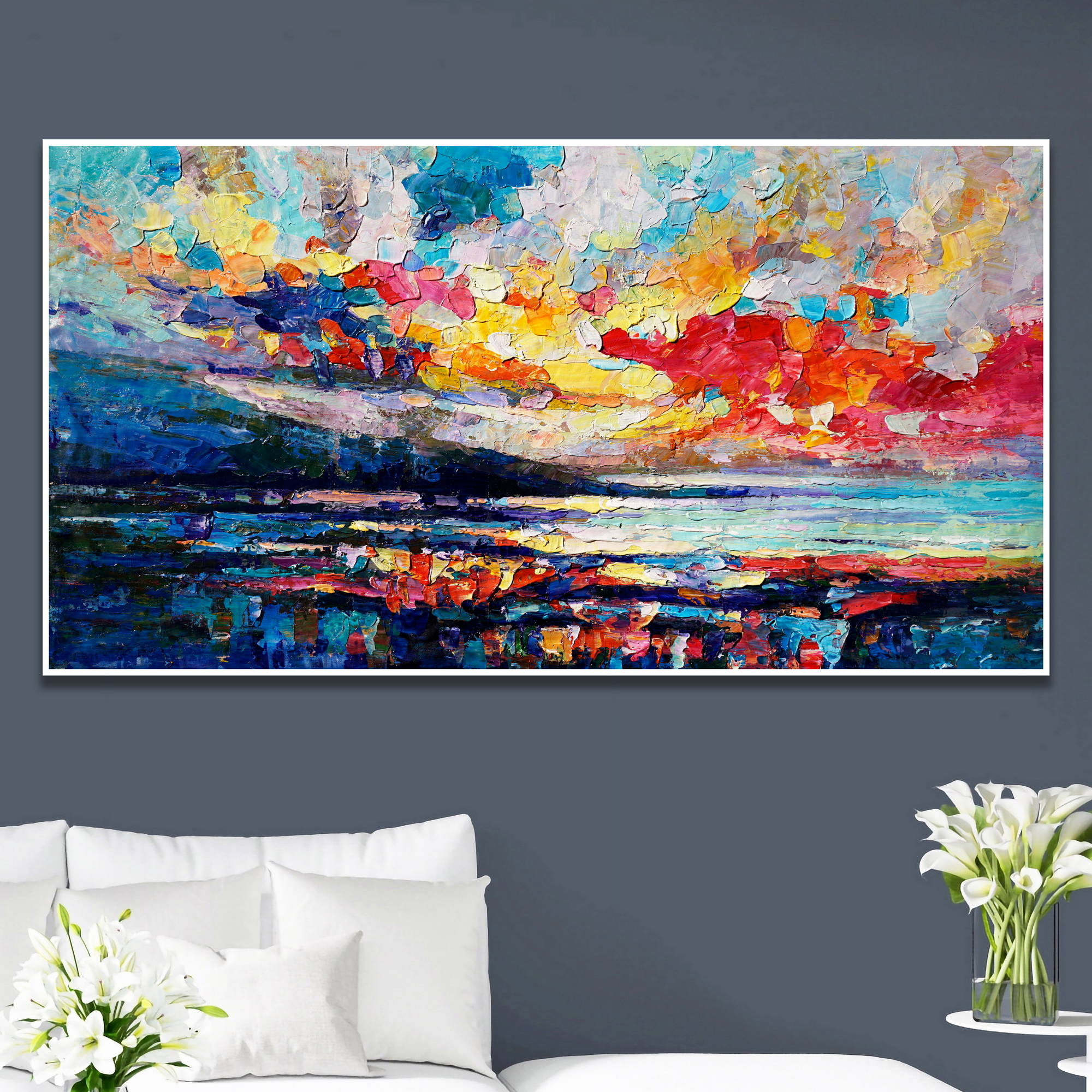 Paysage coucher de soleil abstrait peint à la main 60x120cm