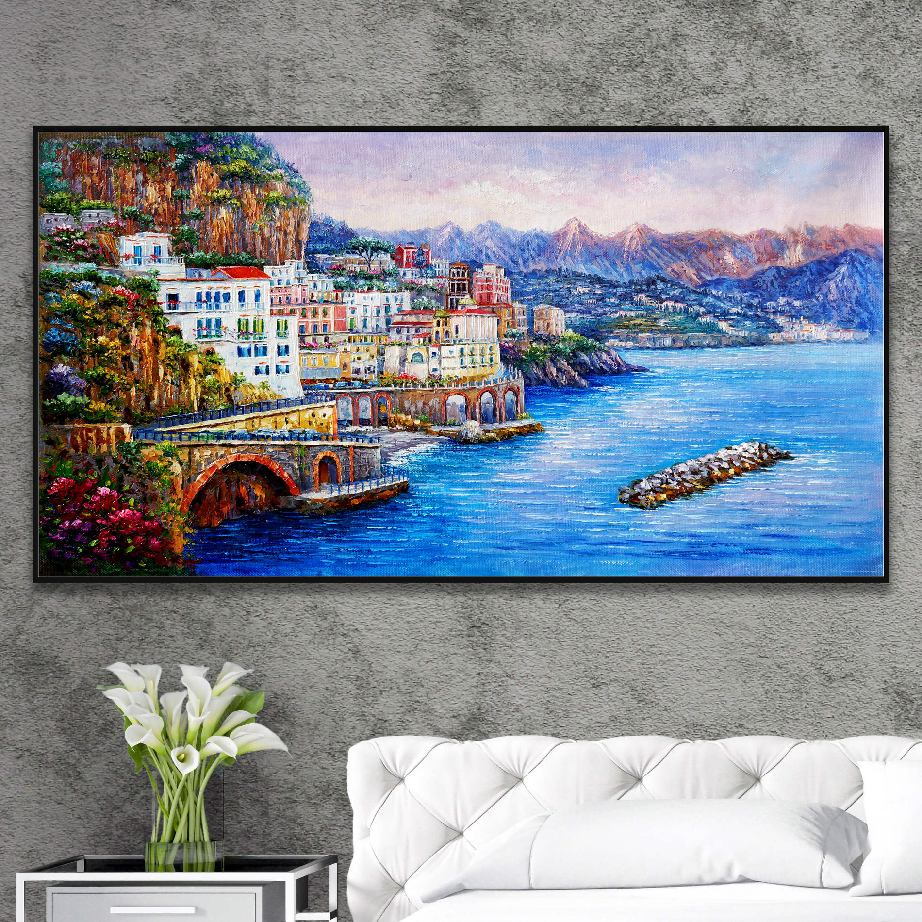 Paysage côtier d'Atrani peint à la main 60x120cm