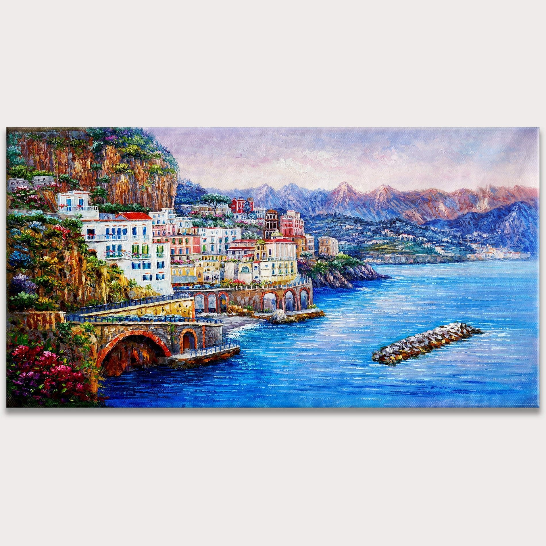 Paysage côtier d'Atrani peint à la main 60x120cm