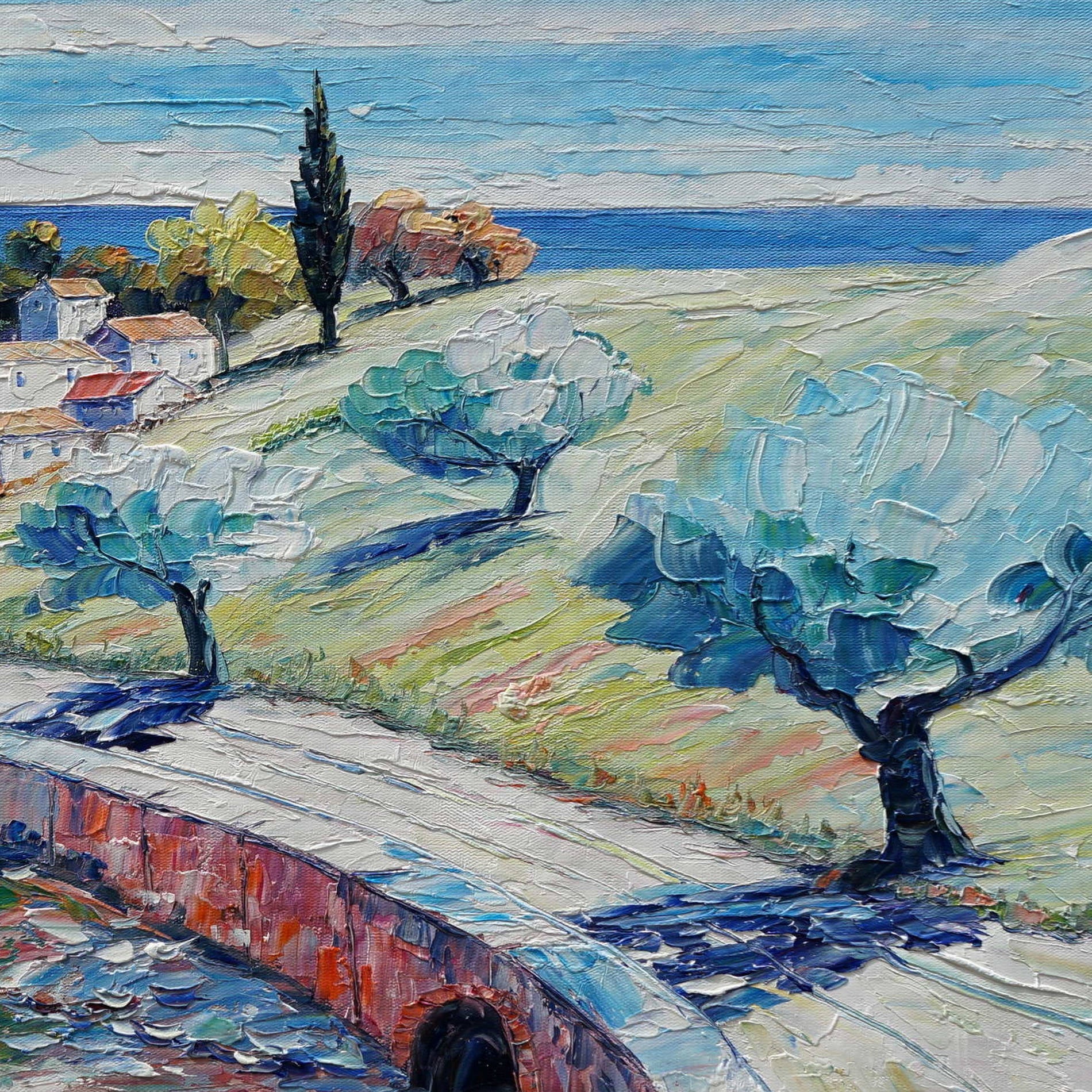 Paysage côtier méditerranéen peint à la main 50x70cm