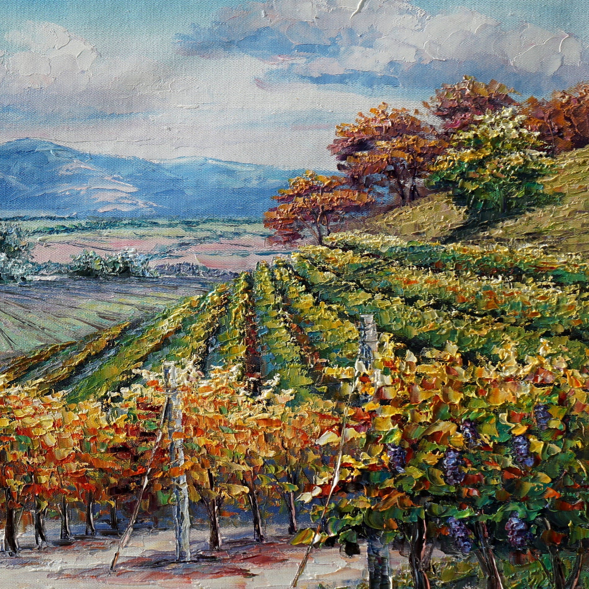 Dipinto di vigne autunnali con colline e cielo nuvoloso