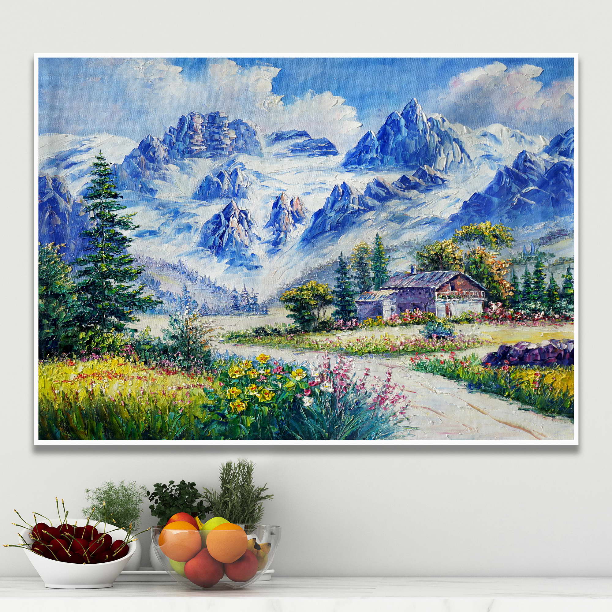 Dipinto di un paesaggio montano con una casa e fiori colorati