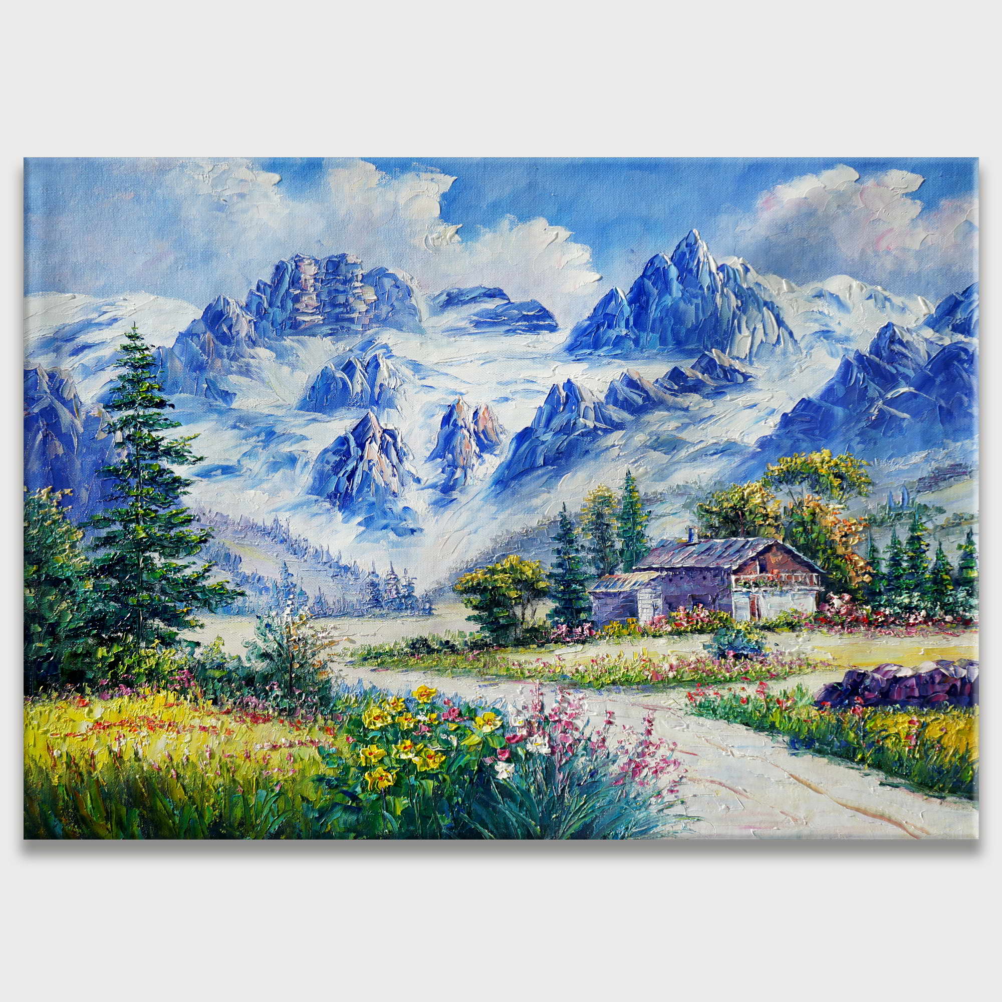 Dipinto di un paesaggio montano con una casa e fiori colorati