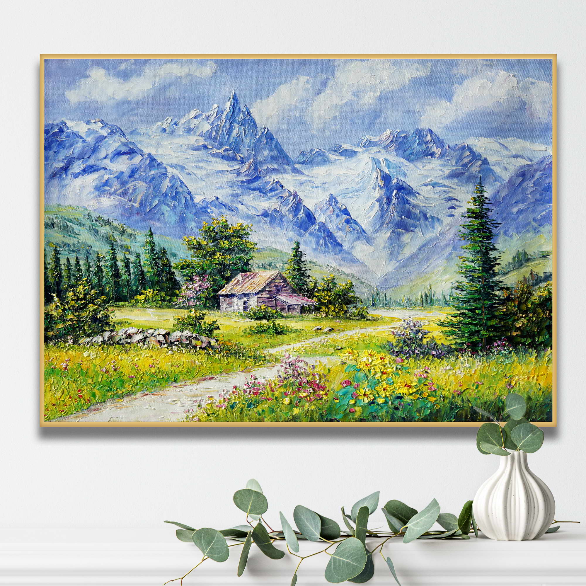 Dipinto di un paesaggio montano con capanna