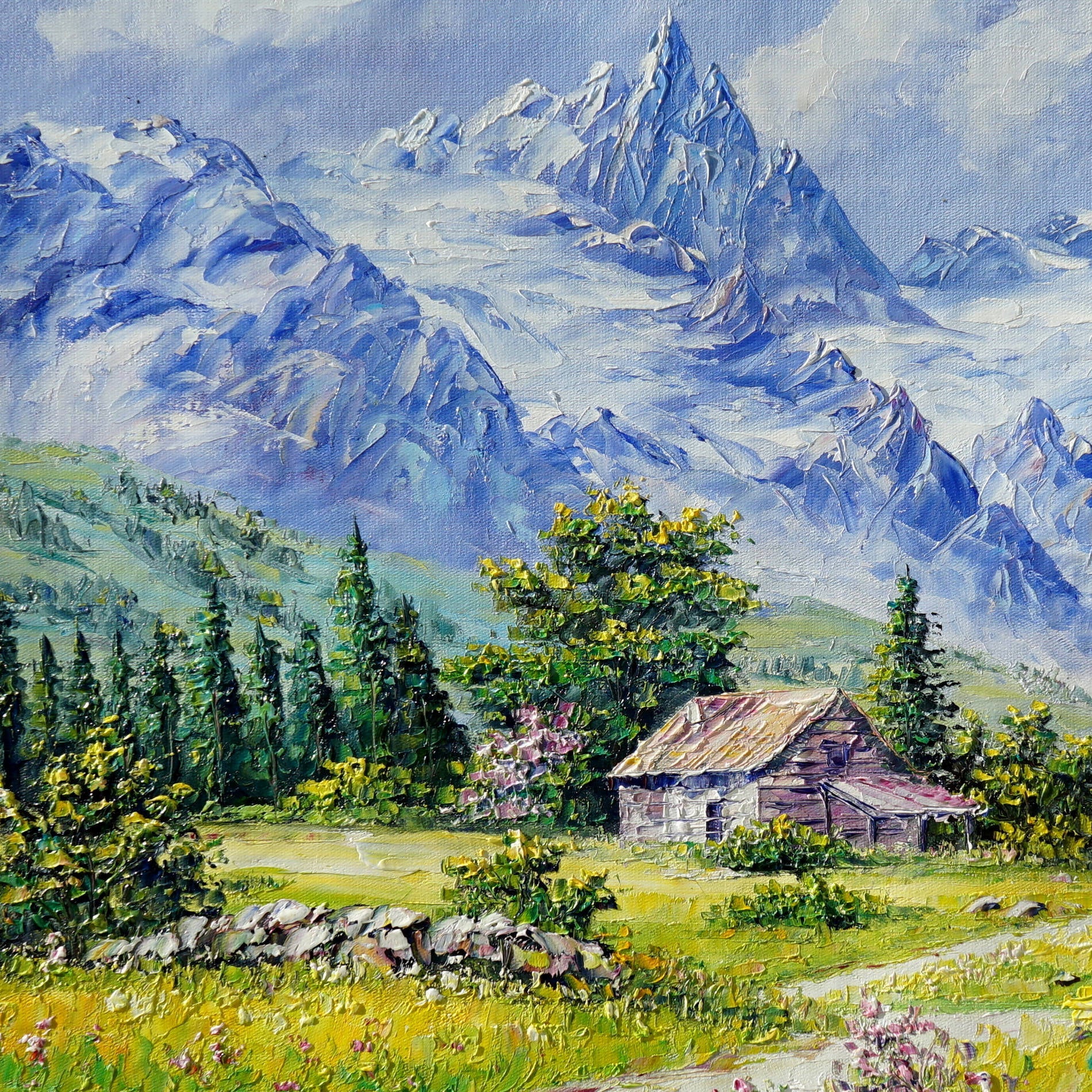Dipinto di un paesaggio montano con capanna