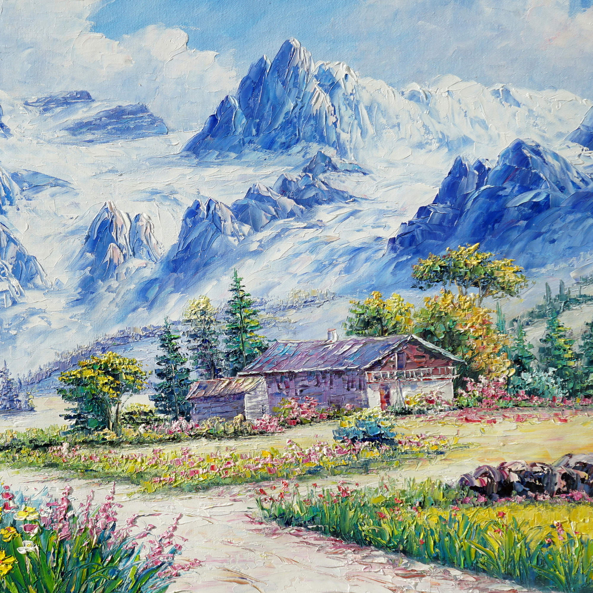 Quadro di un paesaggio di montagna con capanna e fiori