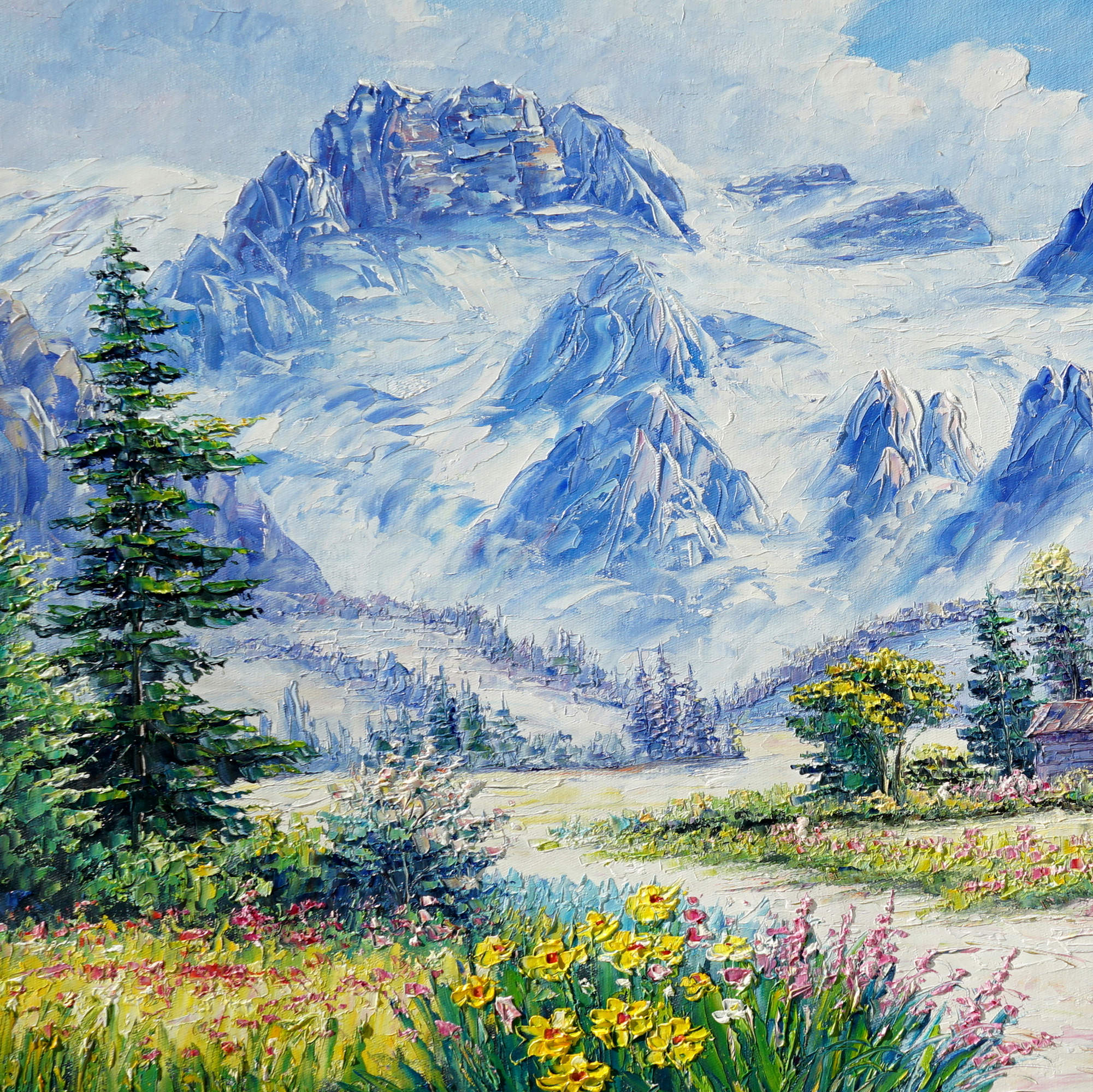 Quadro di un paesaggio di montagna con capanna e fiori
