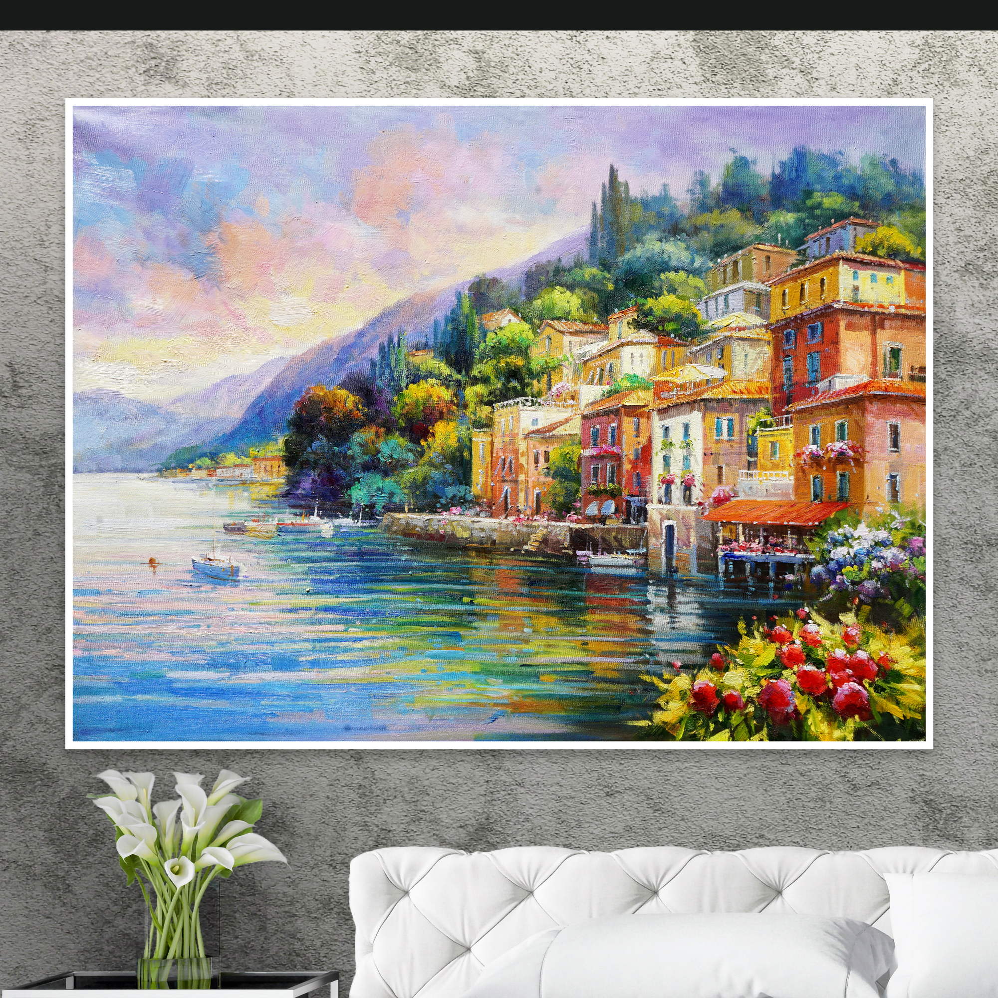 Hand painted Landscape Lake Como Varenna 75x100cm