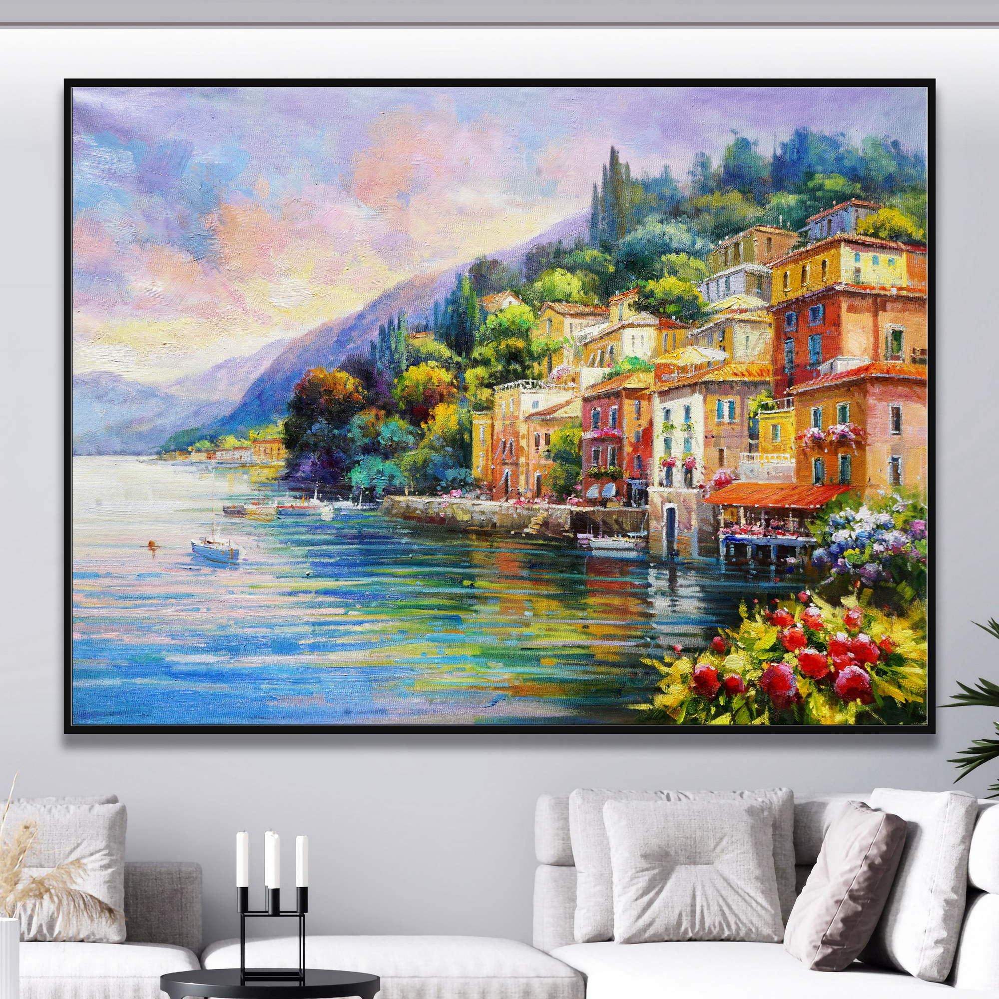 Paysage peint à la main Lac de Côme Varenna 75x100cm