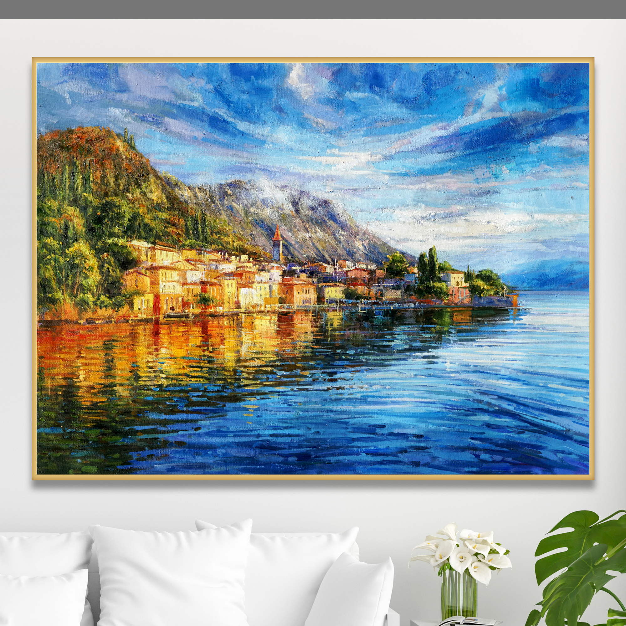 Dipinto a mano Paesaggio Lago di Como Varenna 75x100cm