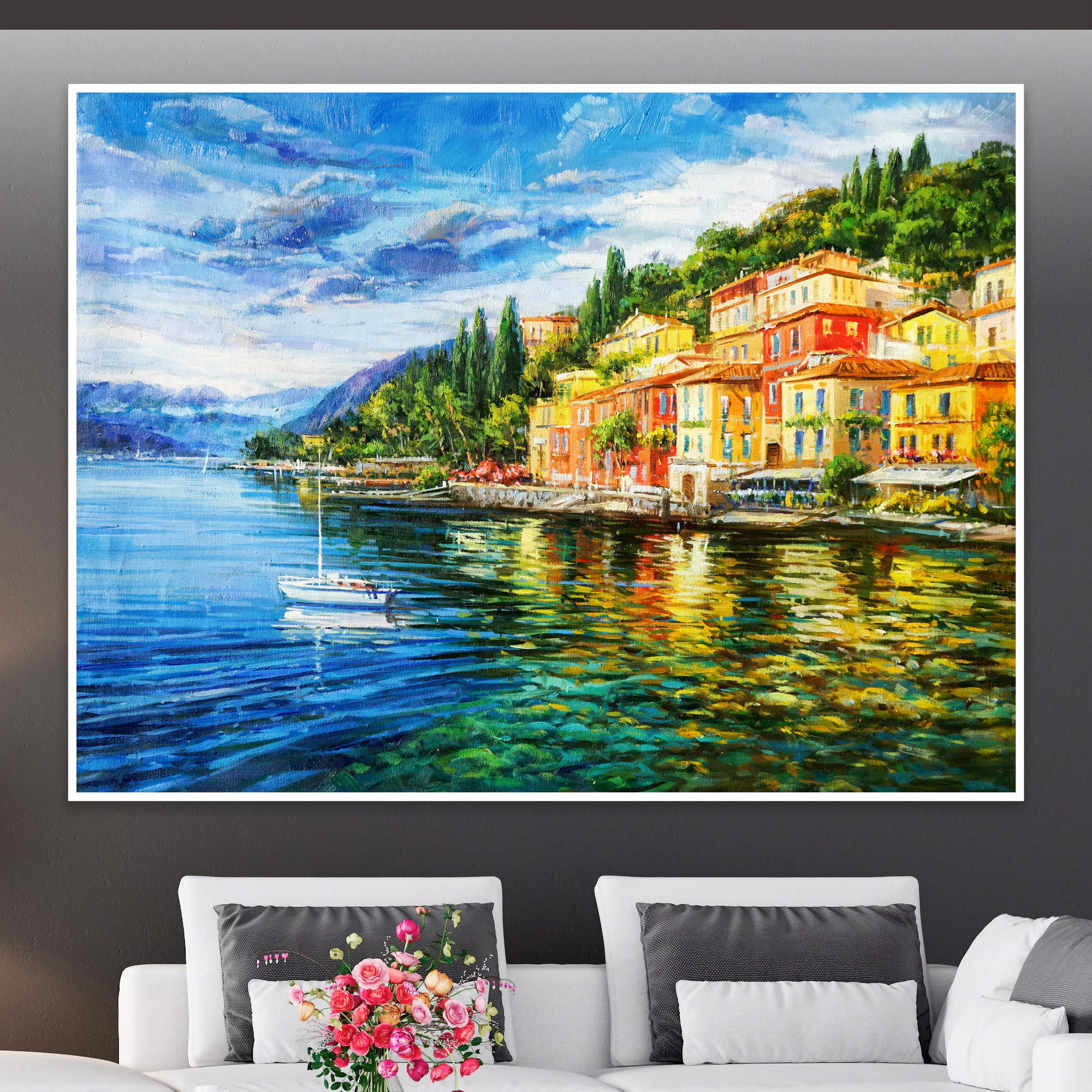 Paysage peint à la main Lac de Côme Varenna 75x100cm