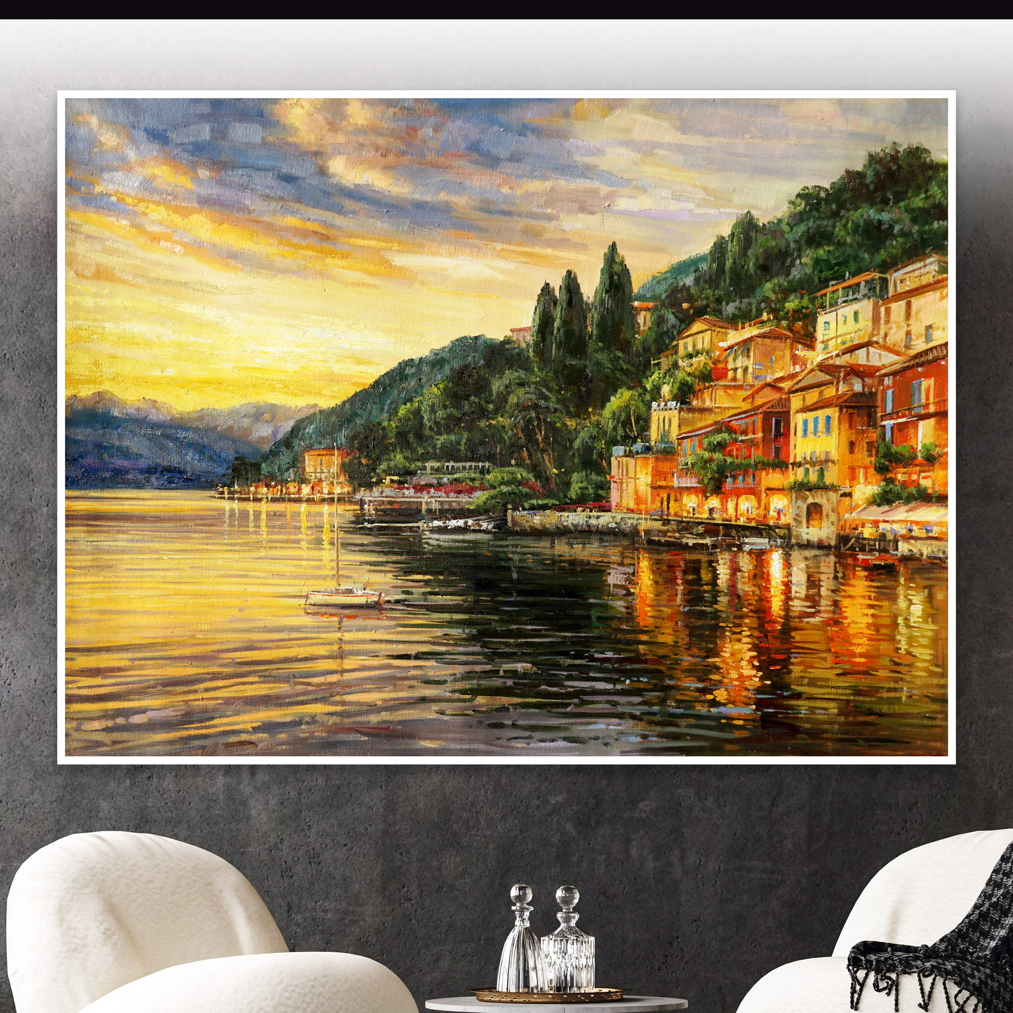 Dipinto a mano Paesaggio Lago di Como Varenna 75x100cm