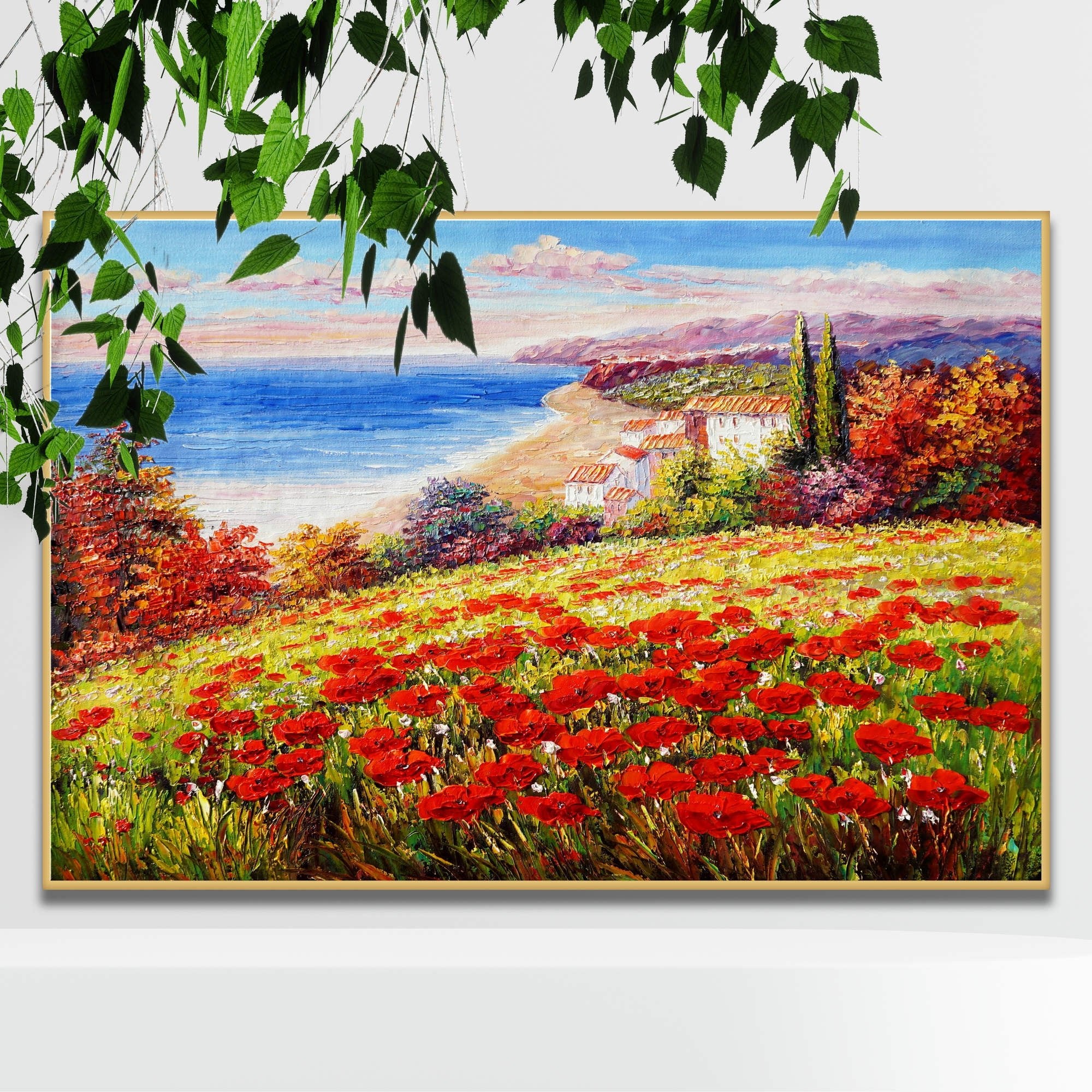 Dipinto di un paesaggio con campo di papaveri e vista sul mare