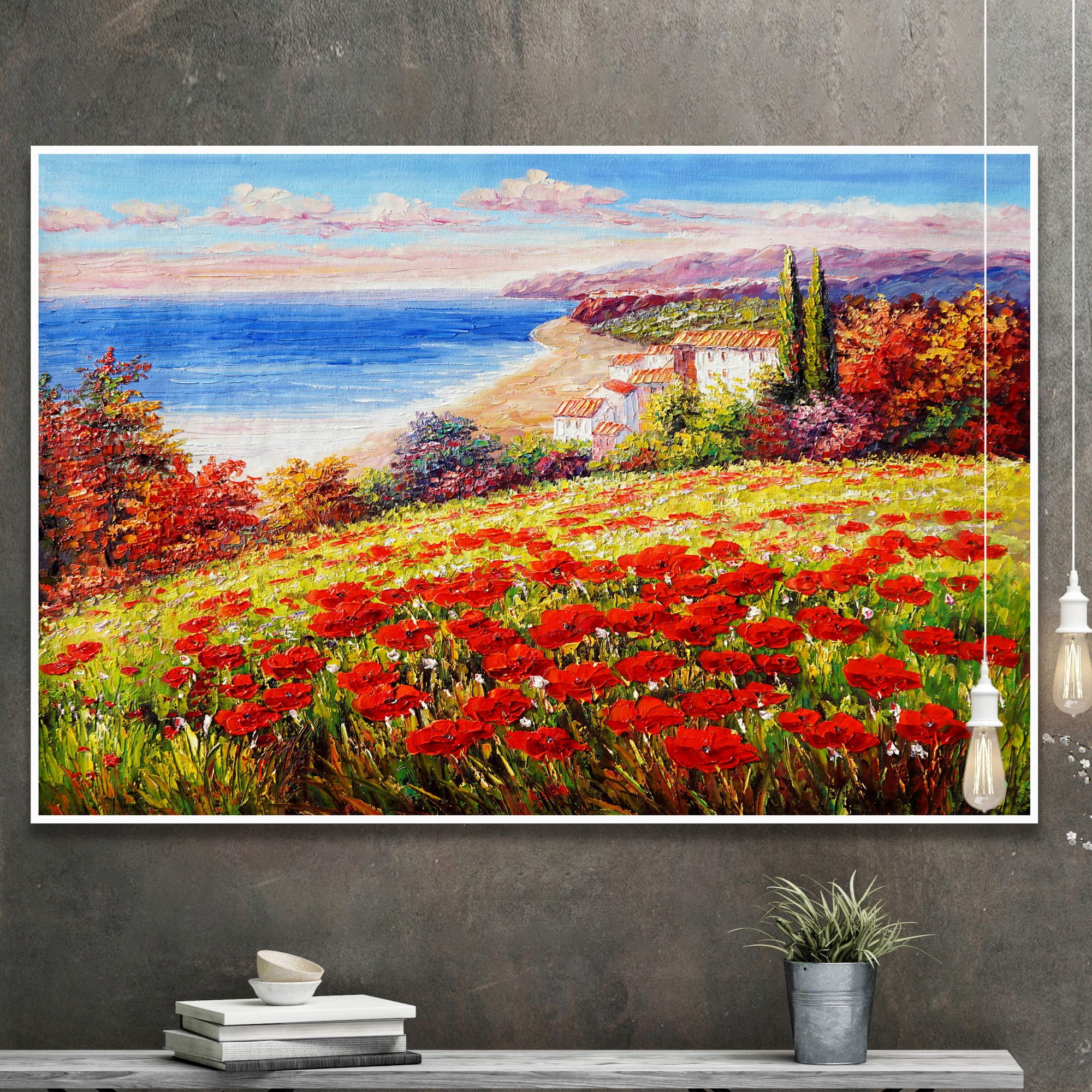 Dipinto di un paesaggio con campo di papaveri e vista sul mare