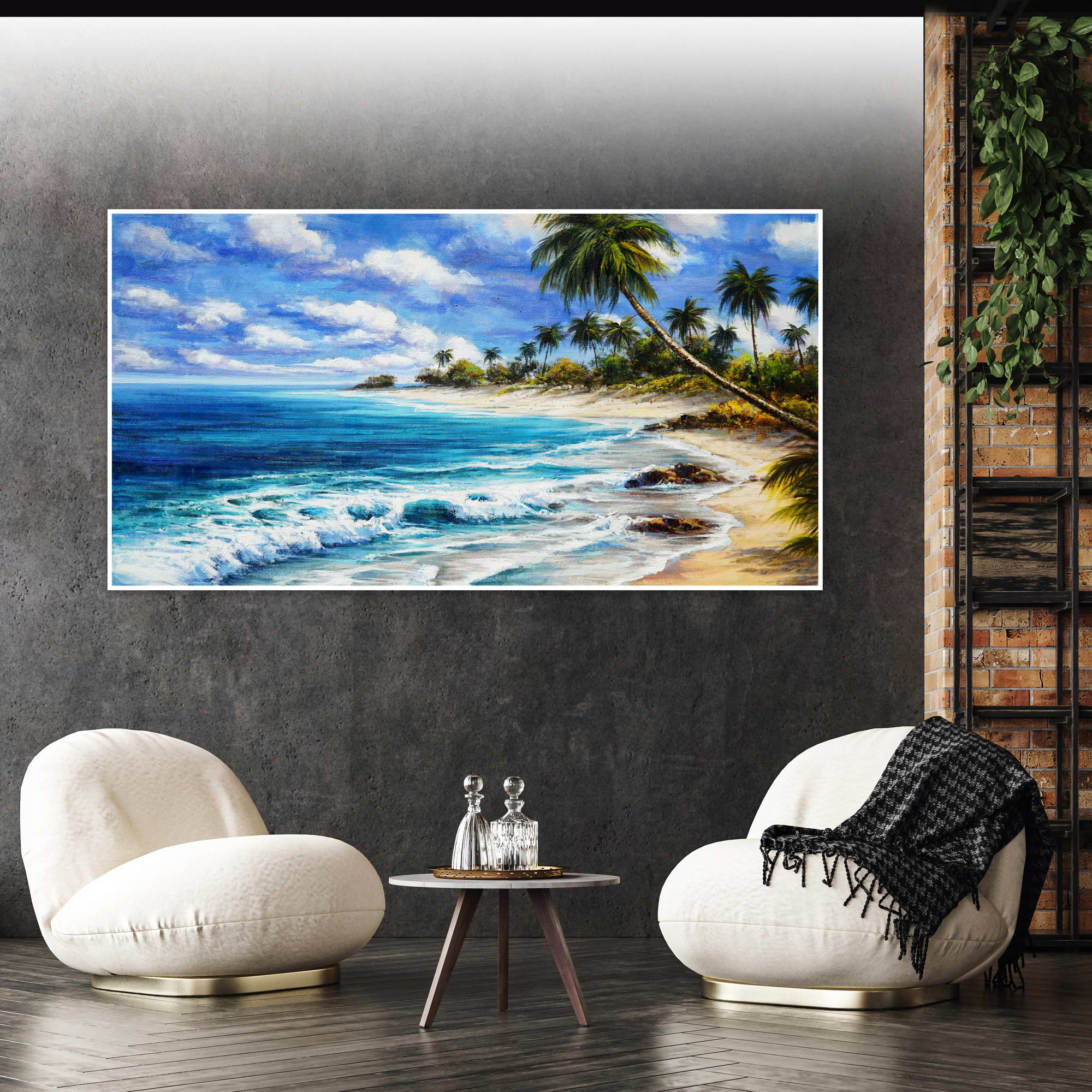 Palmiers de paysage marin tropical peints à la main 75x150cm