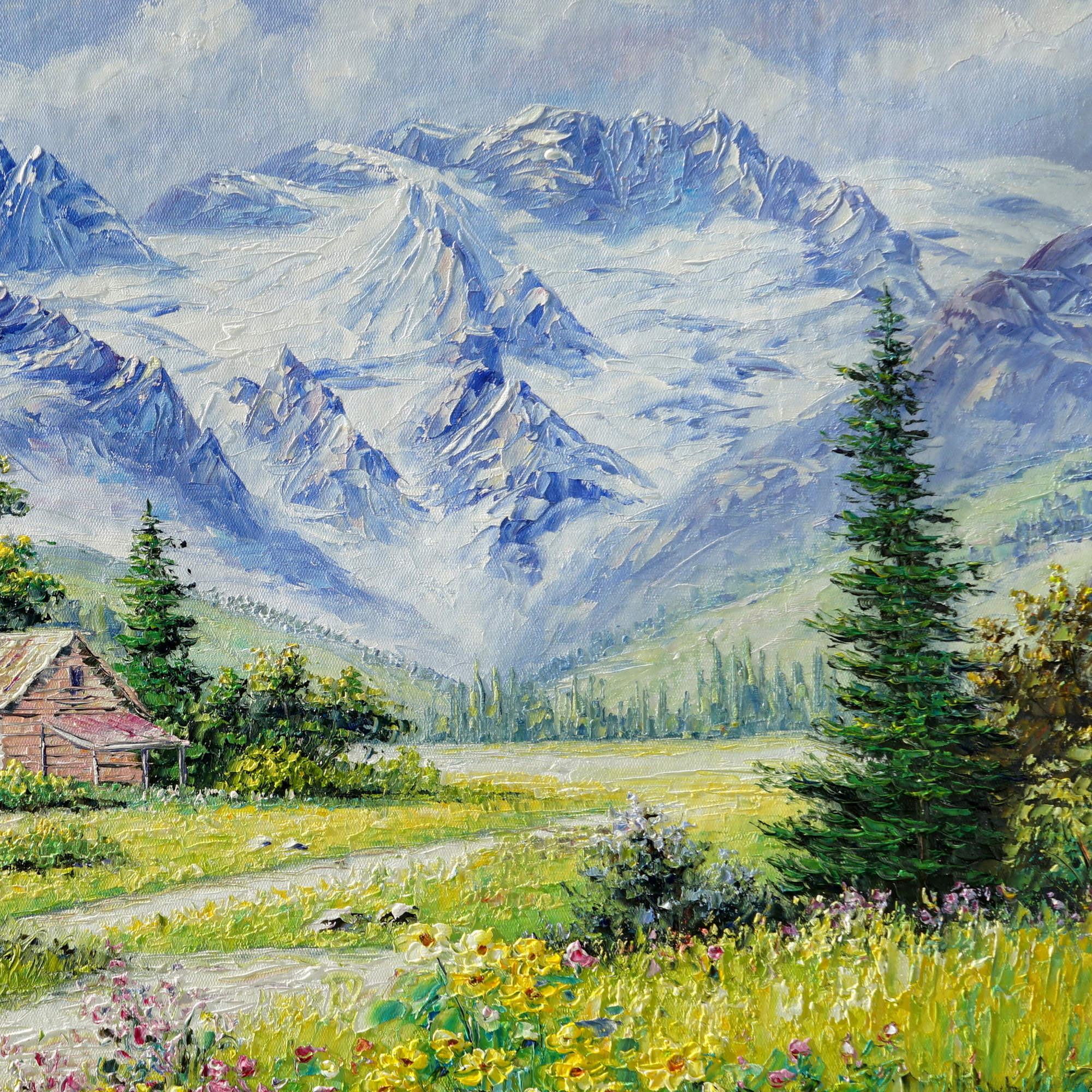 Dipinto di un paesaggio montano con capanna e montagne innevate