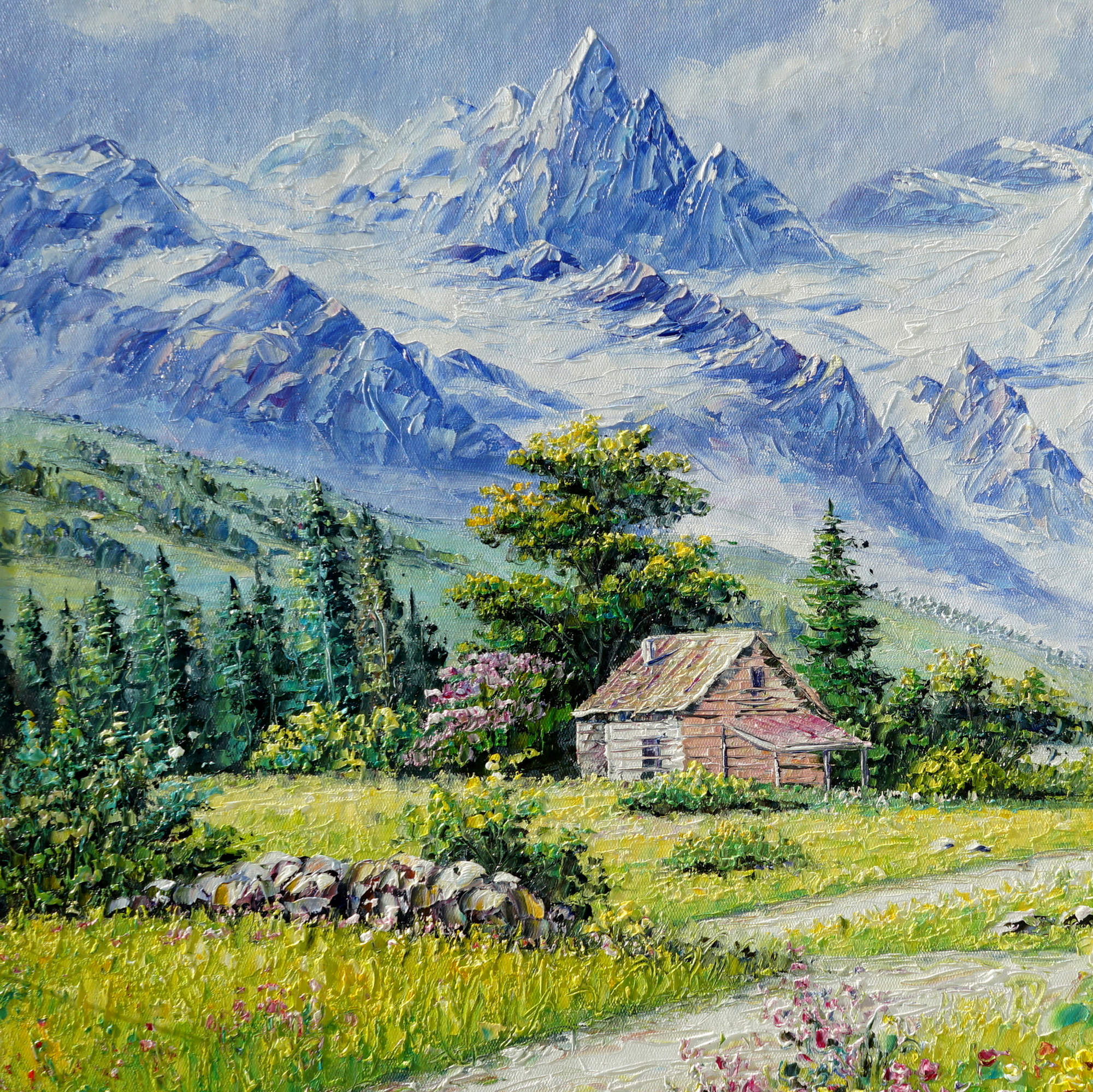 Dipinto di un paesaggio montano con capanna e montagne innevate