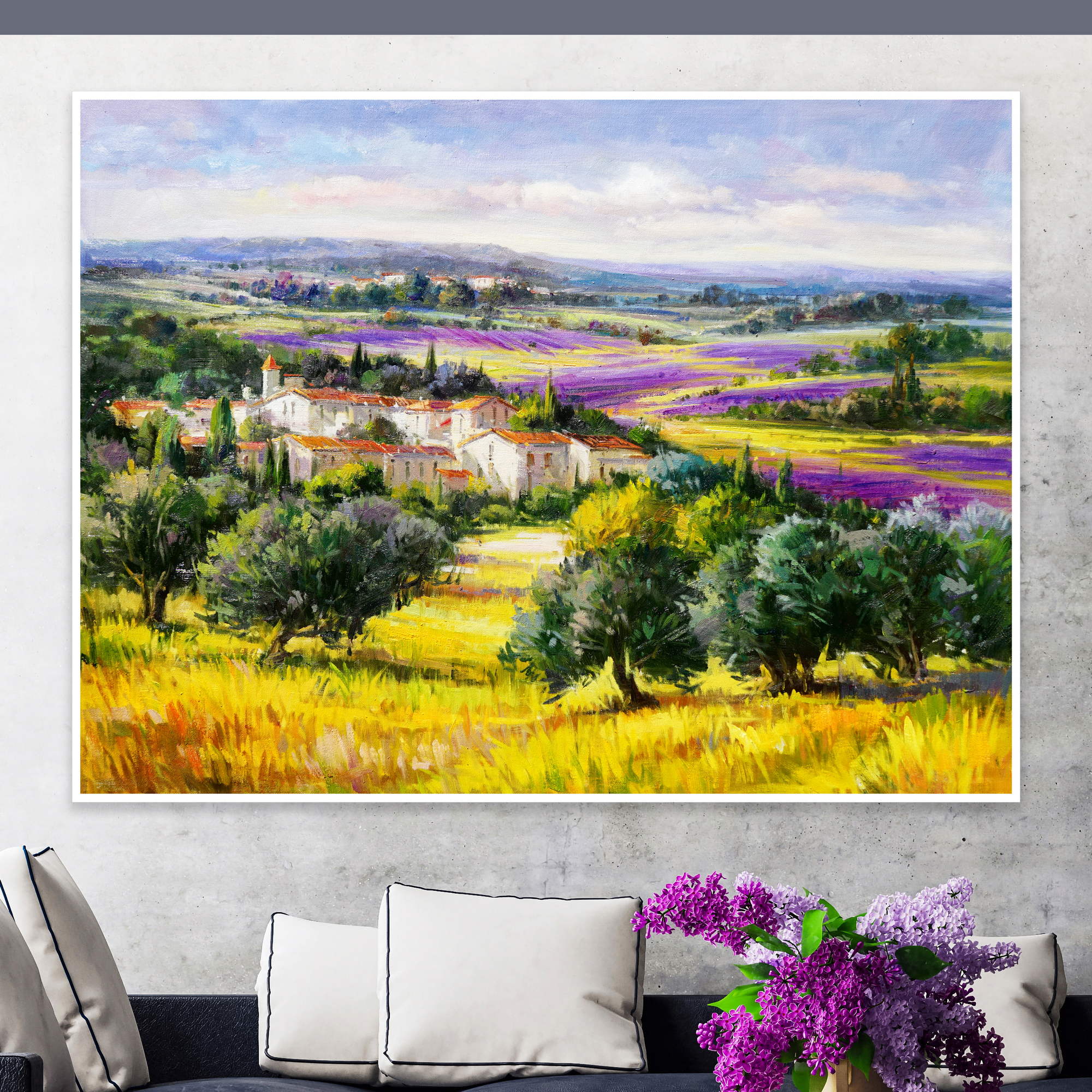 Dipinto con campi di lavanda in provenza, casa rurale e cielo nuvoloso