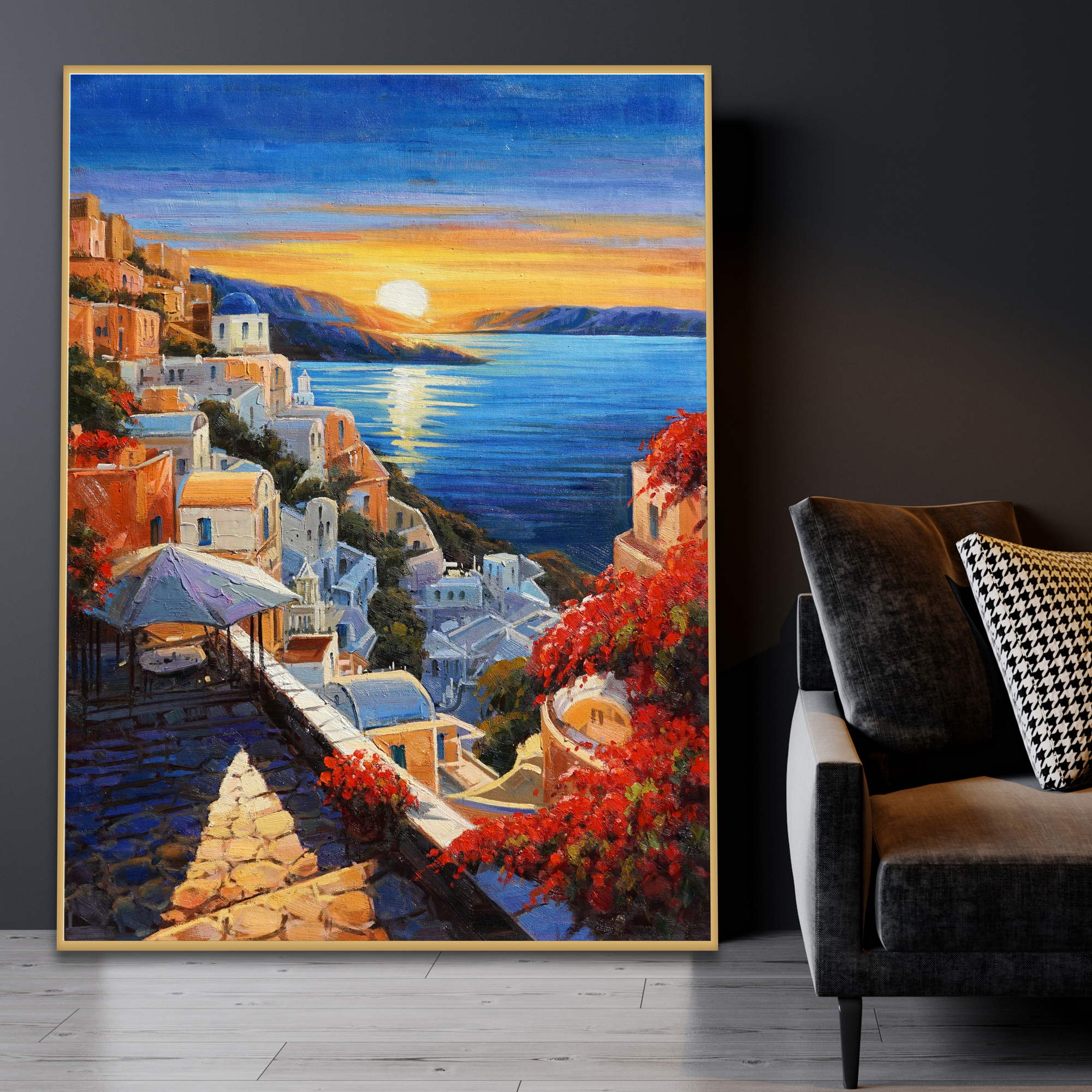 Paysage de Santorin peint à la main au coucher du soleil 75x100cm