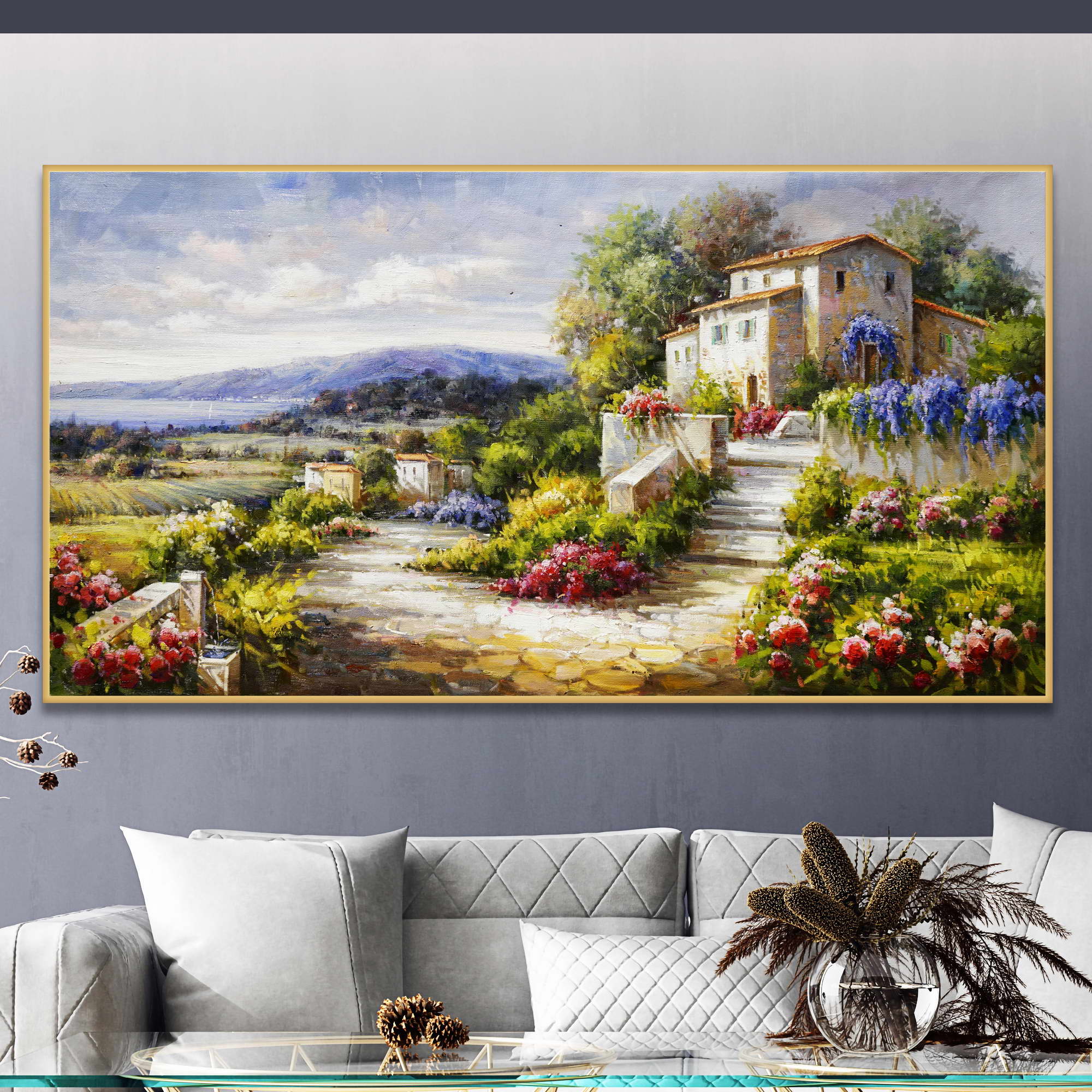 Dipinto di una villa toscana con giardino di fiori