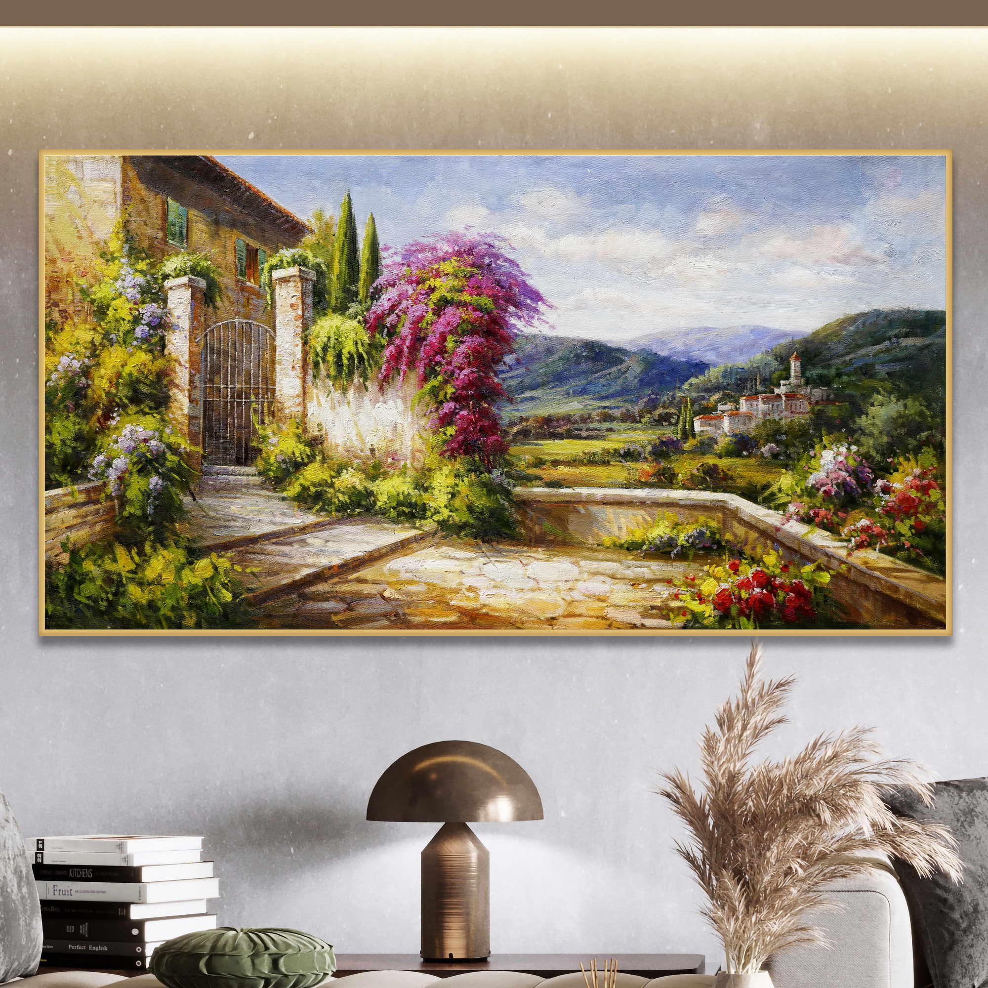 Dipinto di una casa di campagna con giardino fiorito e borgo sullo sfondo