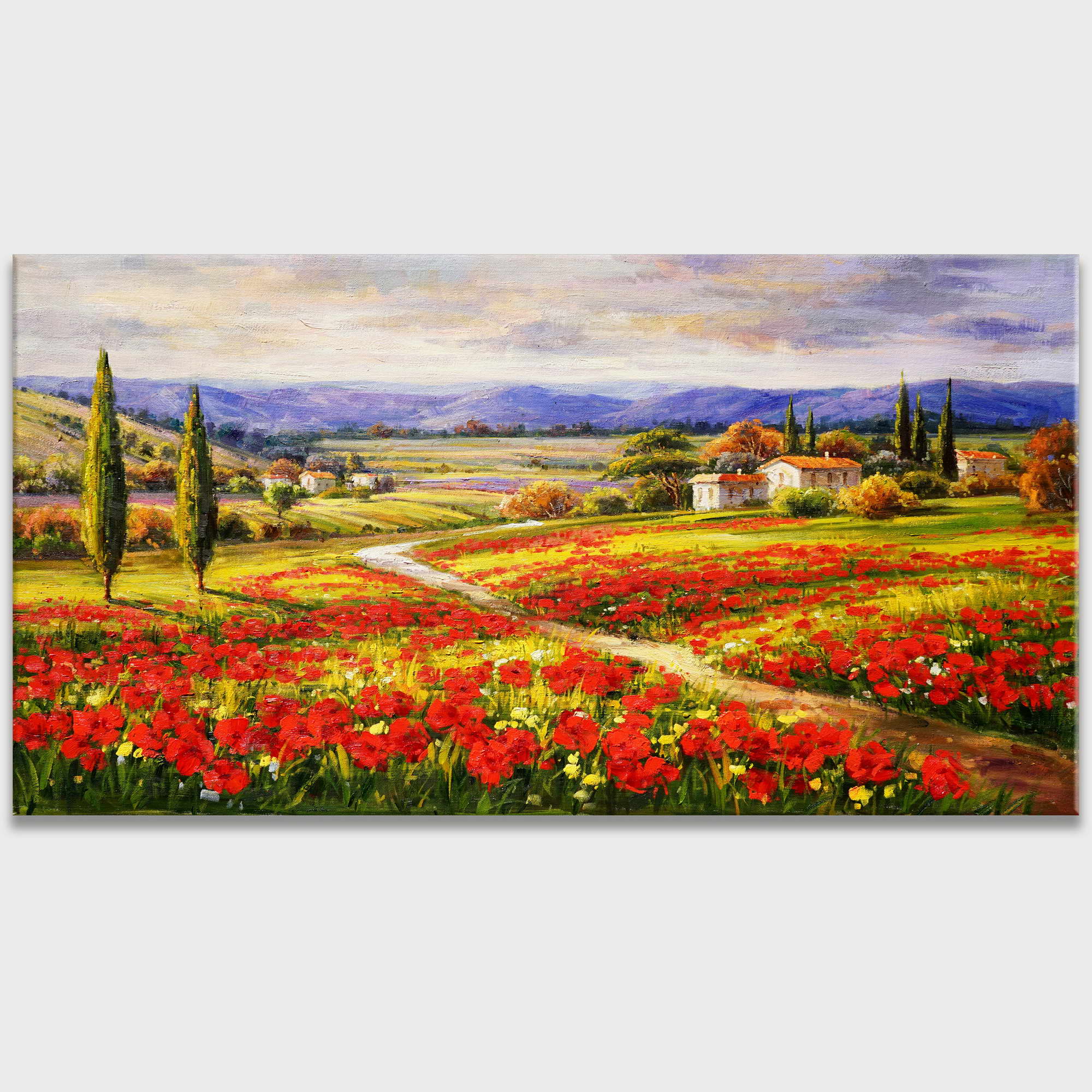Hand painted Tuscan landscape poppy field 75x150cm