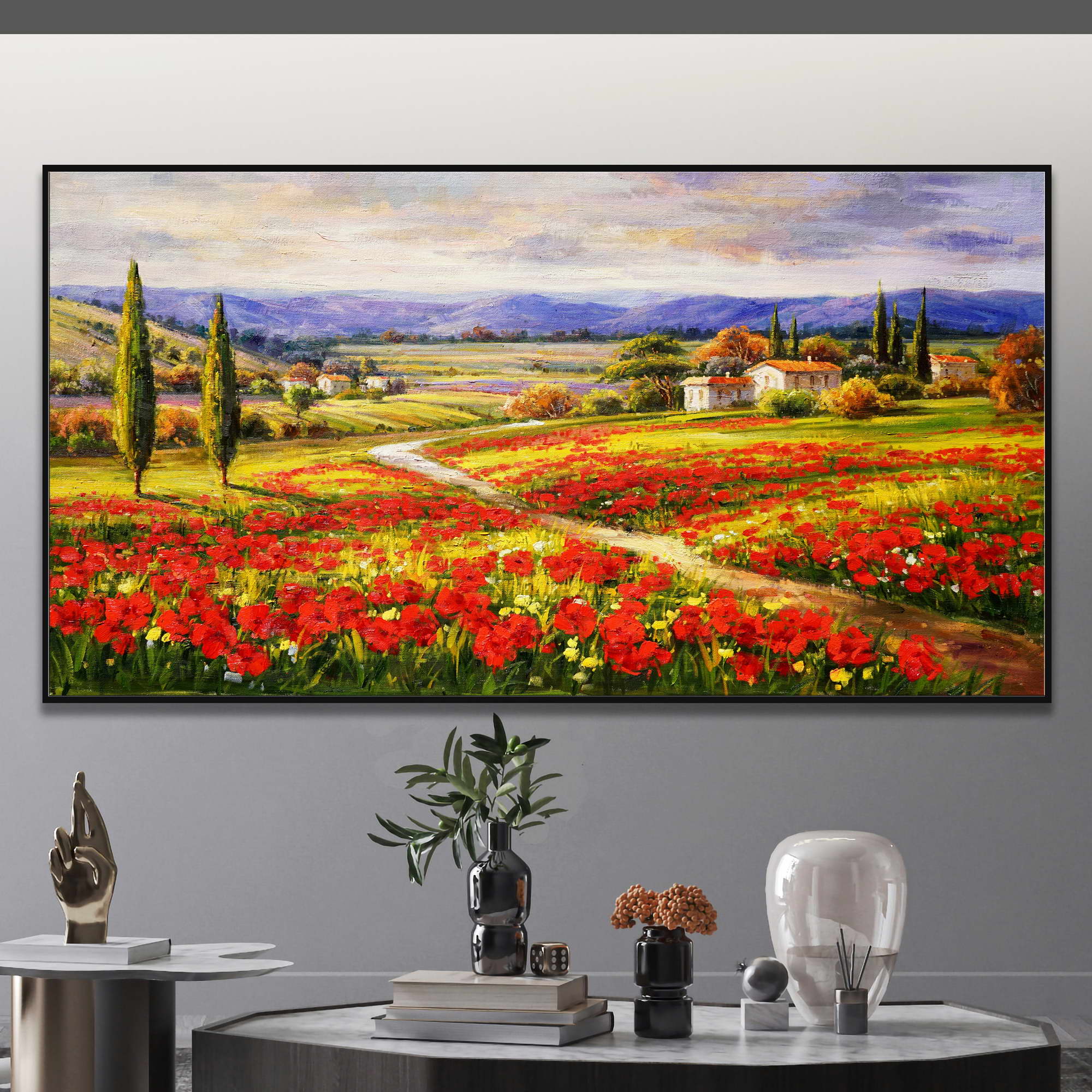 Un dipinto di un paesaggio rurale con campo di papaveri e cipressi